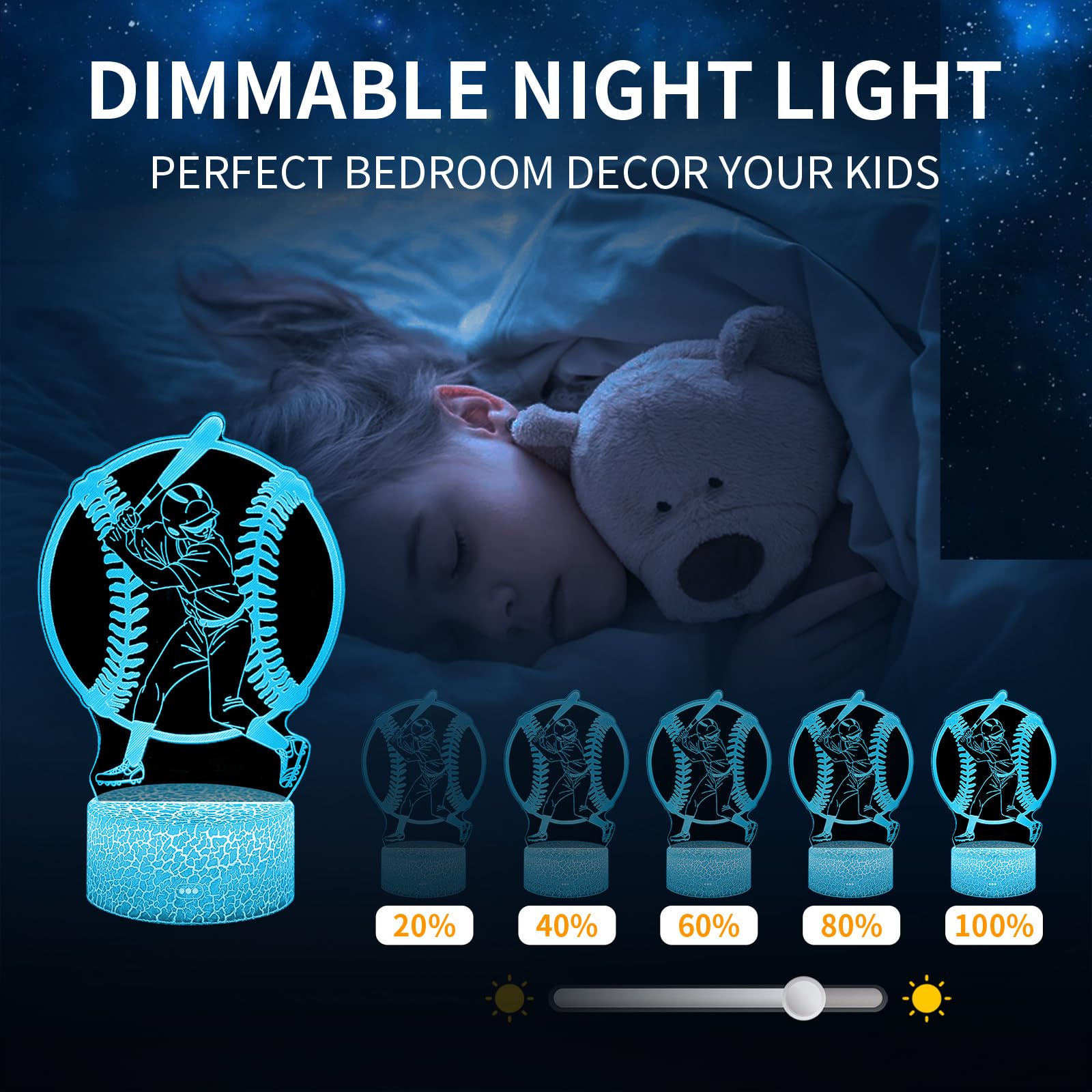 Bassi Baseball Gift 3D Night Light For Kids - 16 Colors & Flashing Modes With Remote Control Opreated Dimmable - Baseball Player