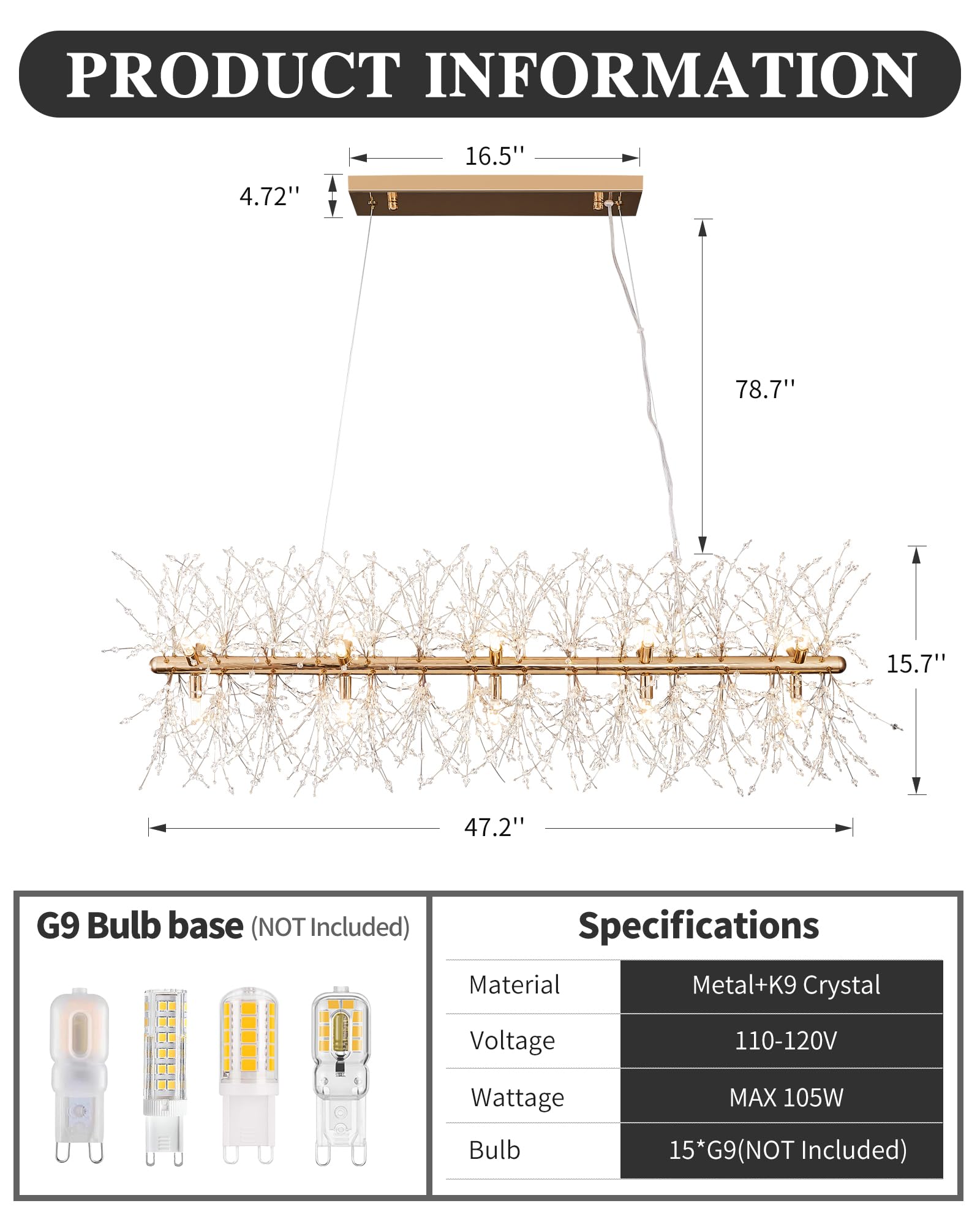 Modern 47.2'' Modern Gold Crystal Firework Chandelier, 15-Light Pendant Light Fixture, Rectangle Linear Sputnik Dandelion Chande