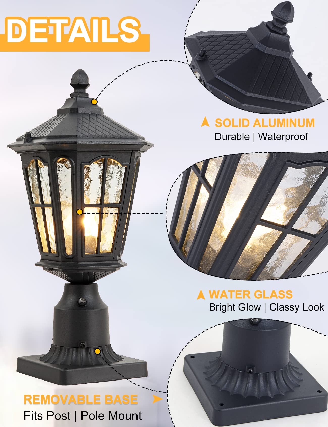 GYDZ Post Light Outdoor Fixture, 17in H, Waterproof IP65, Die Cast Aluminum, E26 Base, Matte Black, Model B55V