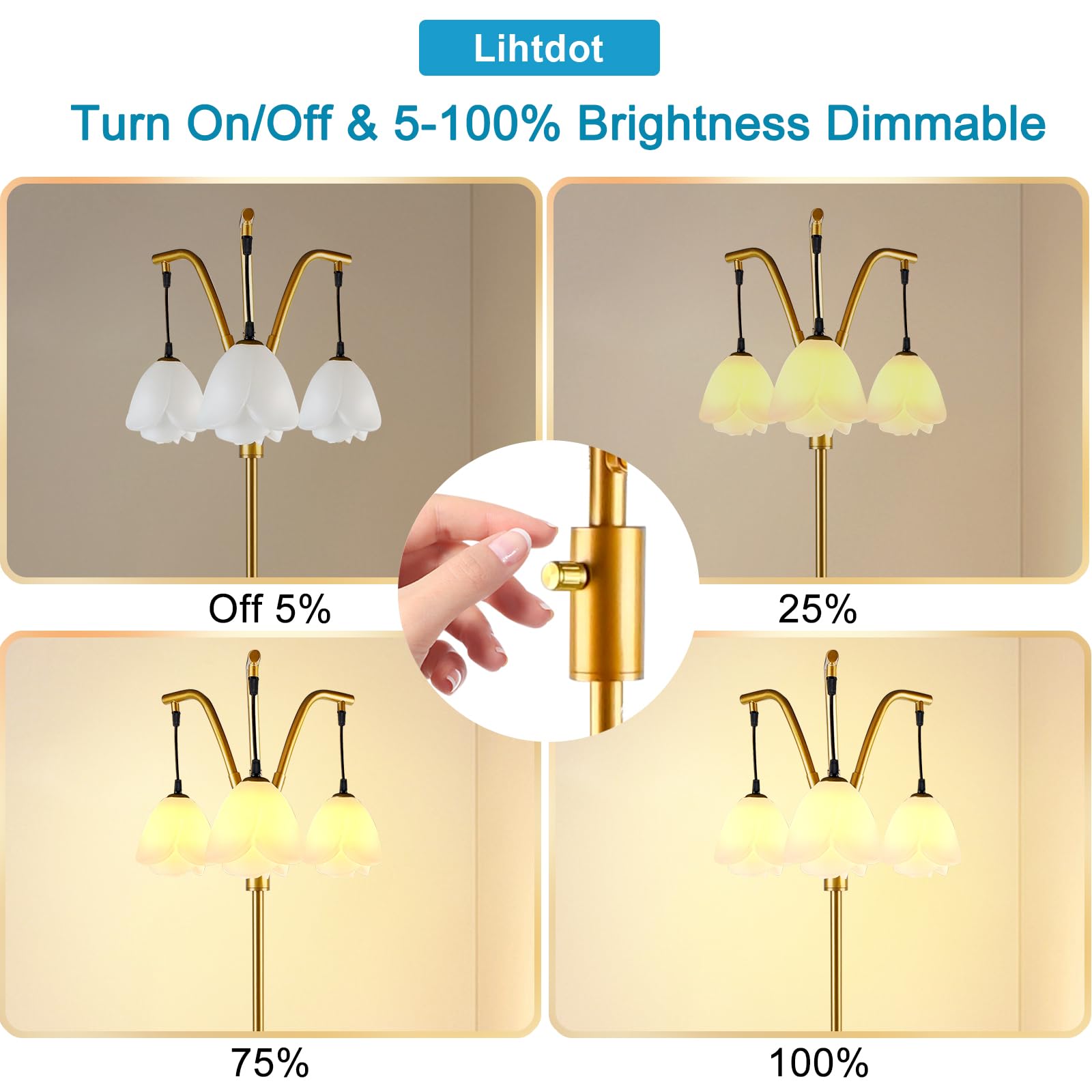 Lightdot Industrial Tree Floor Lamp, Dimmable, E26 LED Bulbs Included, Gold, Model LFLL-M-DC