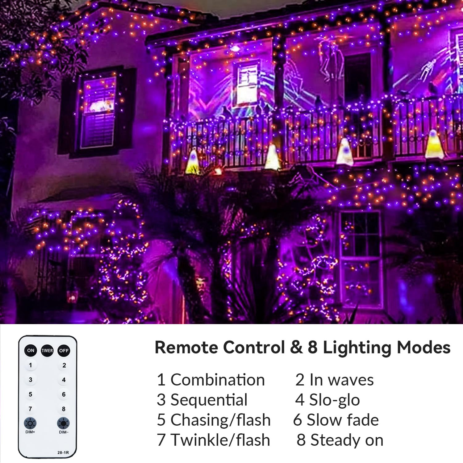 ZHOUDUIDUI Halloween String Lights, 800LED 330FT, Waterproof, 8 Modes, Purple and Orange, Indoor/Outdoor, Model JT-EL/FC300V0200