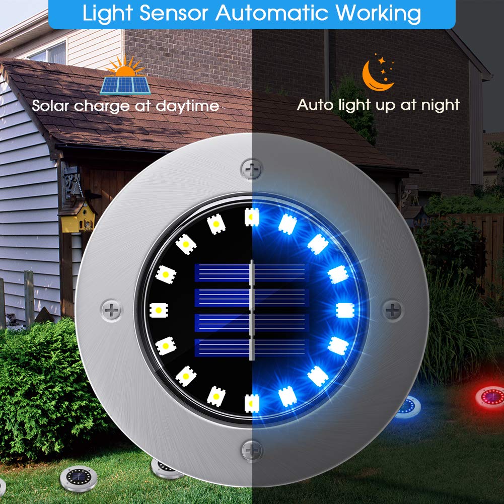 NFESOLAR Solar Disk Lights - 16 LEDs, Waterproof, Blue, 8 Pack for Garden, Pathway, Driveway Lighting