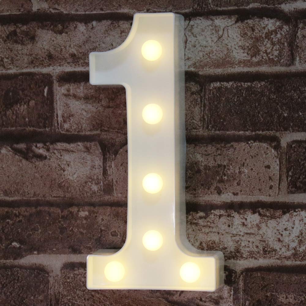 Pooqla Decorative LED Light Up Number Sign, Battery Operated, Plastic Marquee Number 1, White