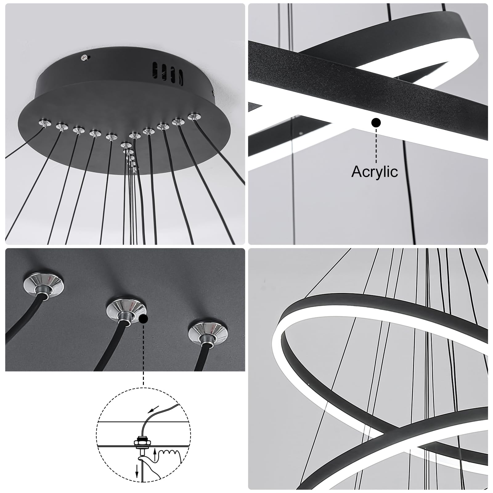 XGZL · LIGHTING 5-Rings Modern LED Chandelier, Black, Dimmable, Remote Control, 3000K-6500K, Medium Size for Dining Room, F