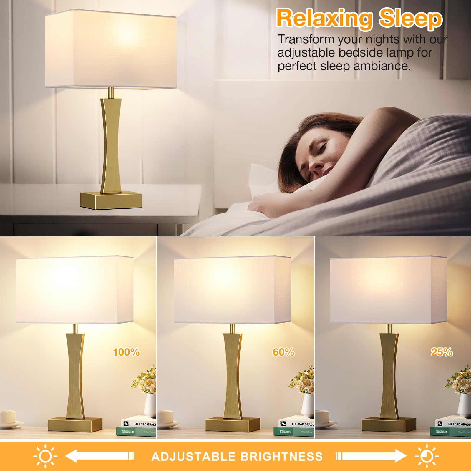 Seealle Bedside Lamps Set of 2 - 3 Way Dimmable Touch Table Lamps with USB C+A Ports, Metal, Gold & E. White