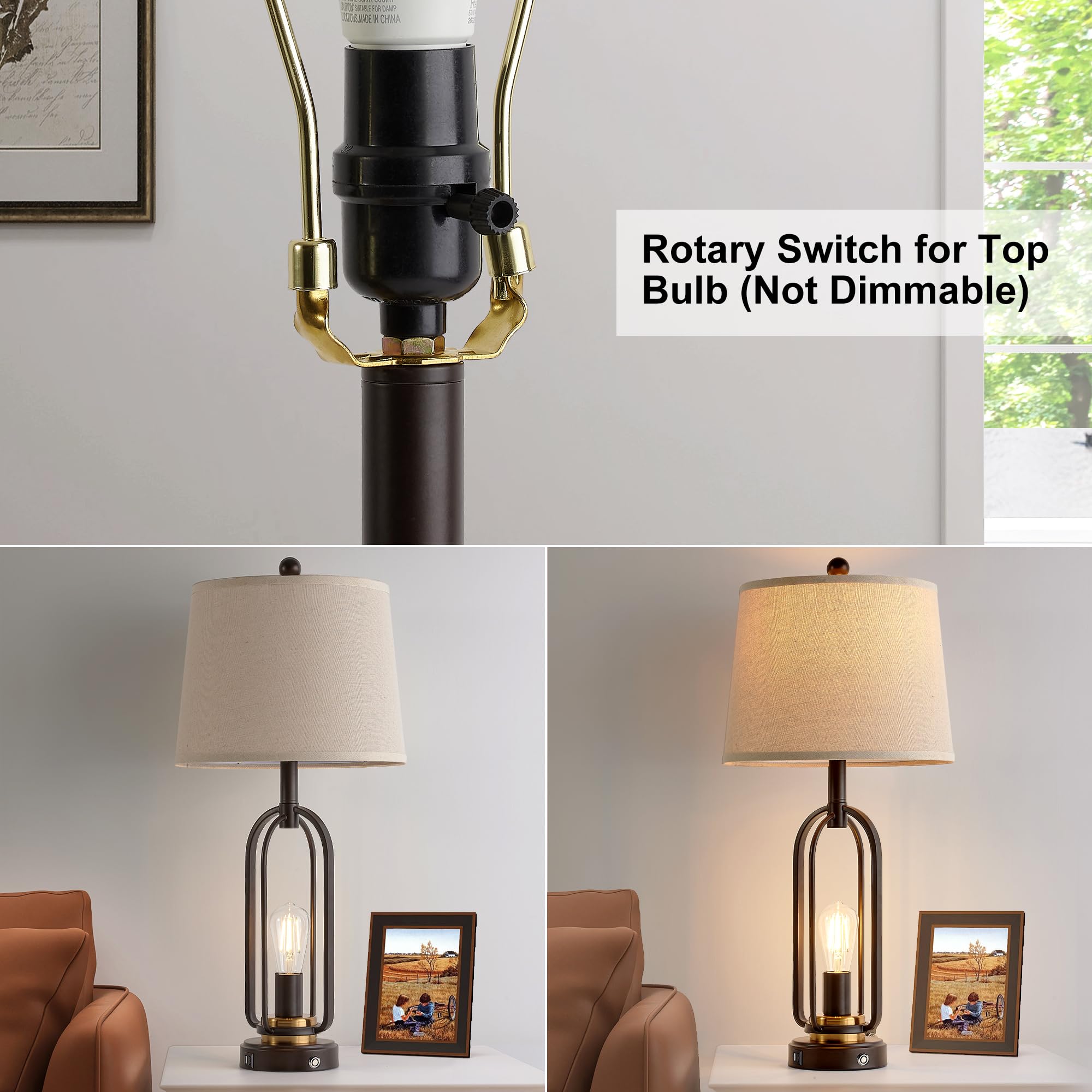 Srjjrs Farmhouse Table Lamps For Living Room Set Of 2, 28.5'' Tall Rustic Table Lamps With Usb Ports, 3-Way Dimmable Vintage Bed
