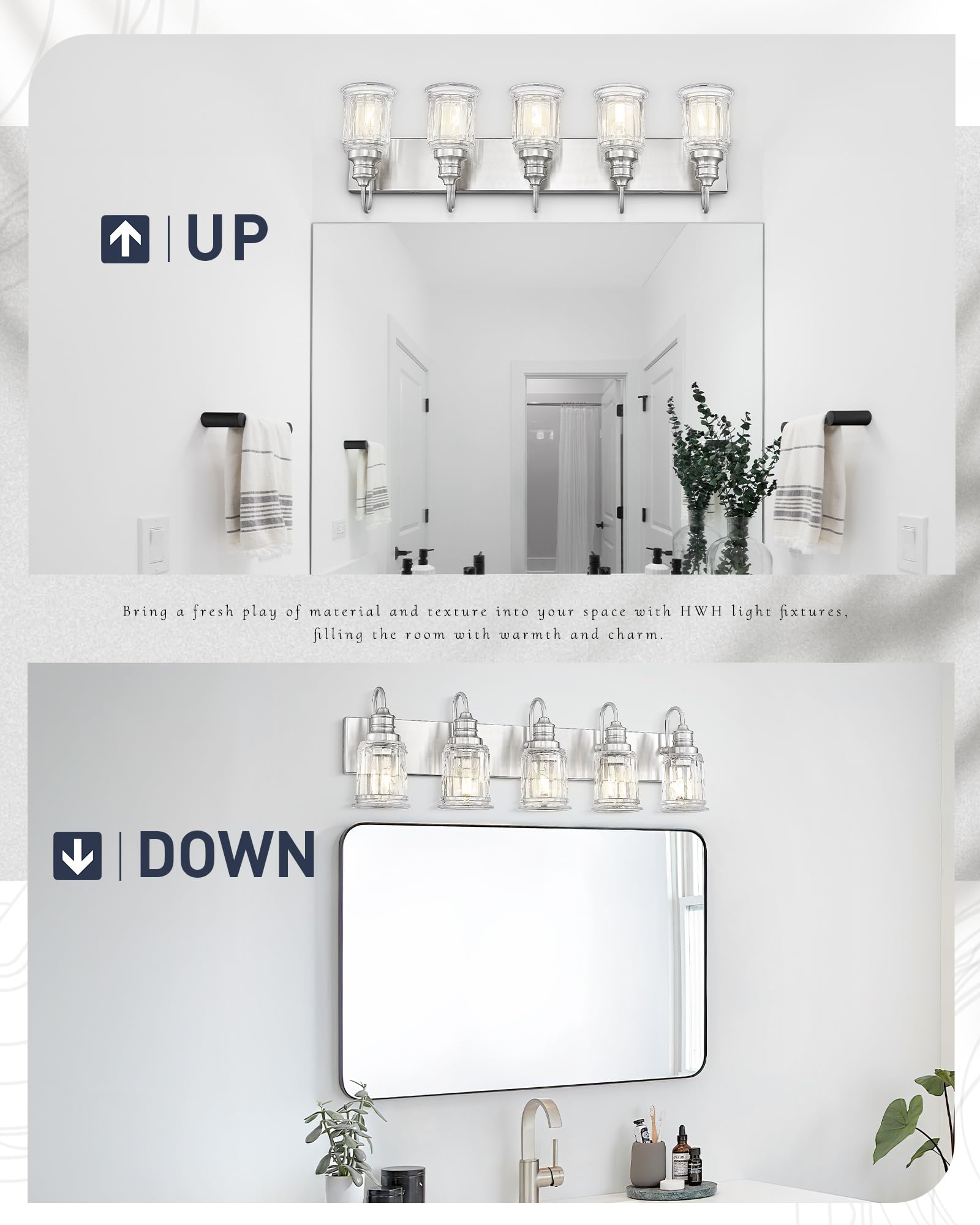 Bathroom Light Fixtures  Hwh 5-Light Vanity Light  Modern Brushed Nickel Wall Lighting Over Mirror  Bell-Shaped Striped Glass  5Hzg106B-5W Bn