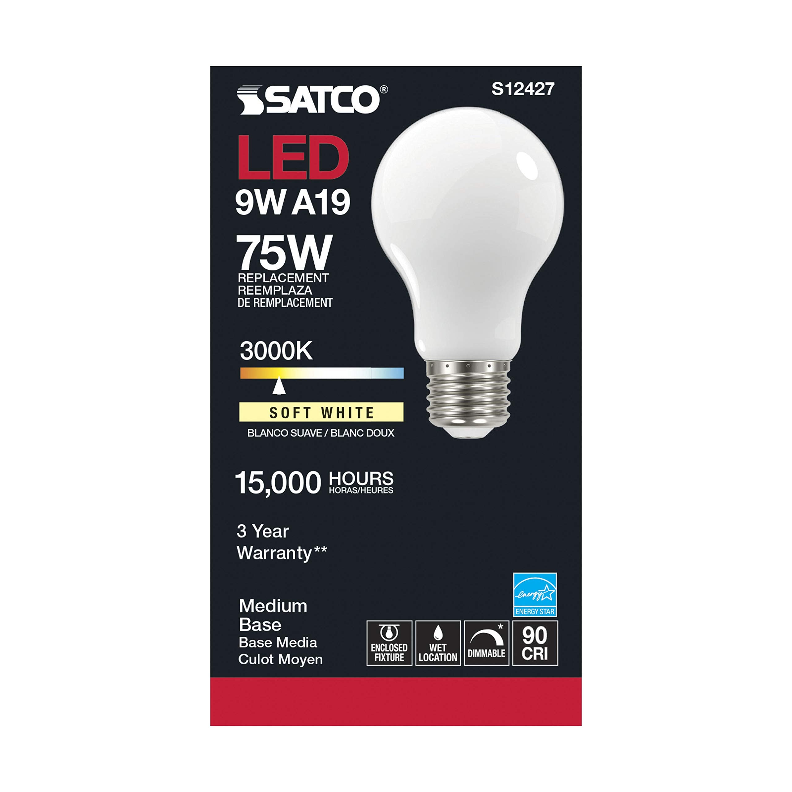 Satco Dimmable LED Filament Lamps, 11W, A19, Warm White 3000K, Model S12427, 6 Pack