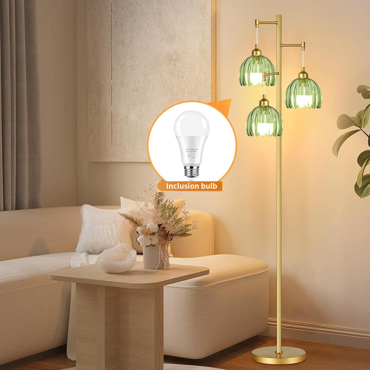 Illmtw Glass Floor Lamp For Living Room,Bedroom,Gold Mid Century Modern Standing Lamp Brass Tree 3 Light Tall Floor Lamps Vintag
