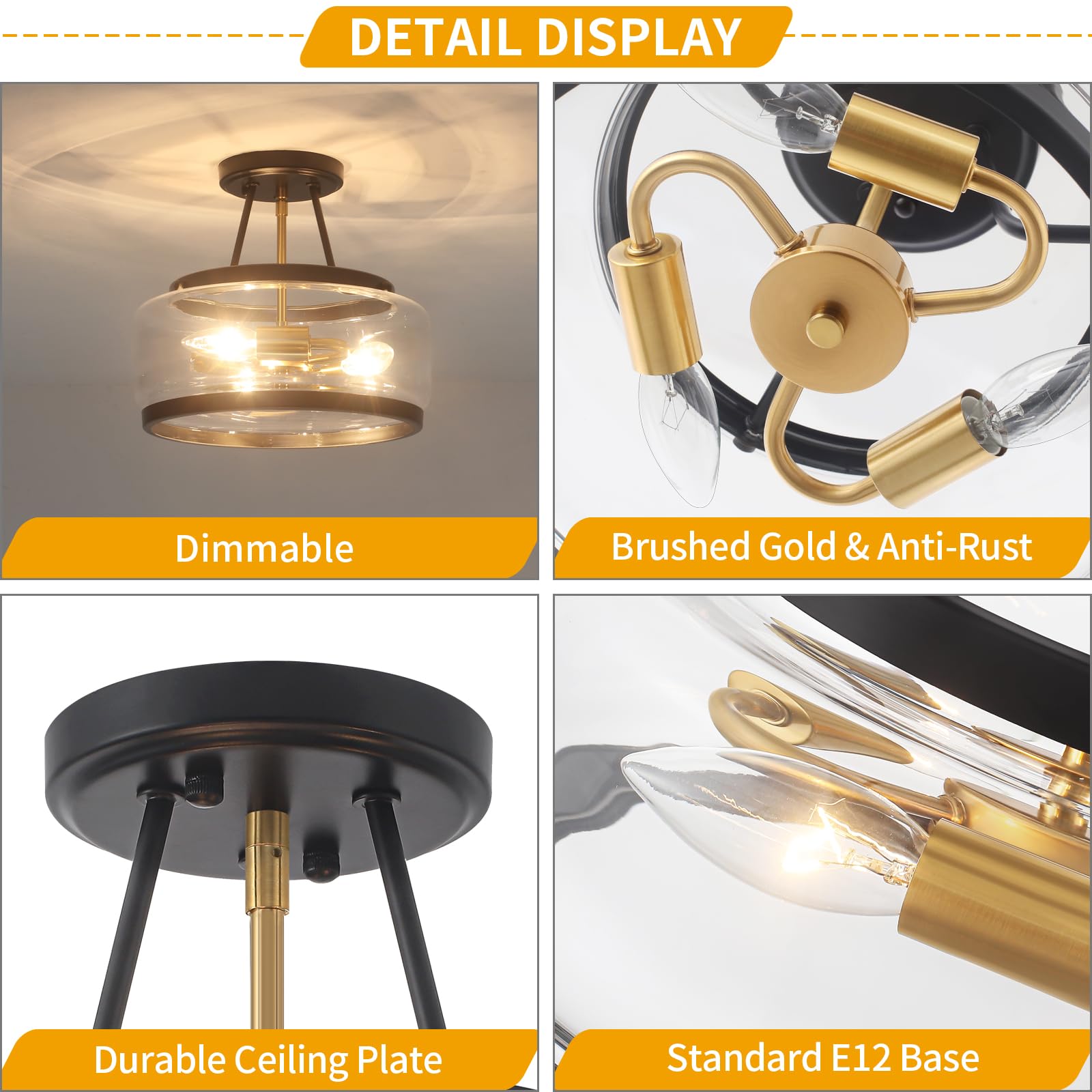 11.81 Black And Brushed Gold Close To Ceiling Light  3-Light Modern Drum Light Fixtures  Hallway Ceiling Lights  Glass Ceiling Lamp For Entryway Bedroom Laundry Kitchen Dining Room Lighting Ul-Listed