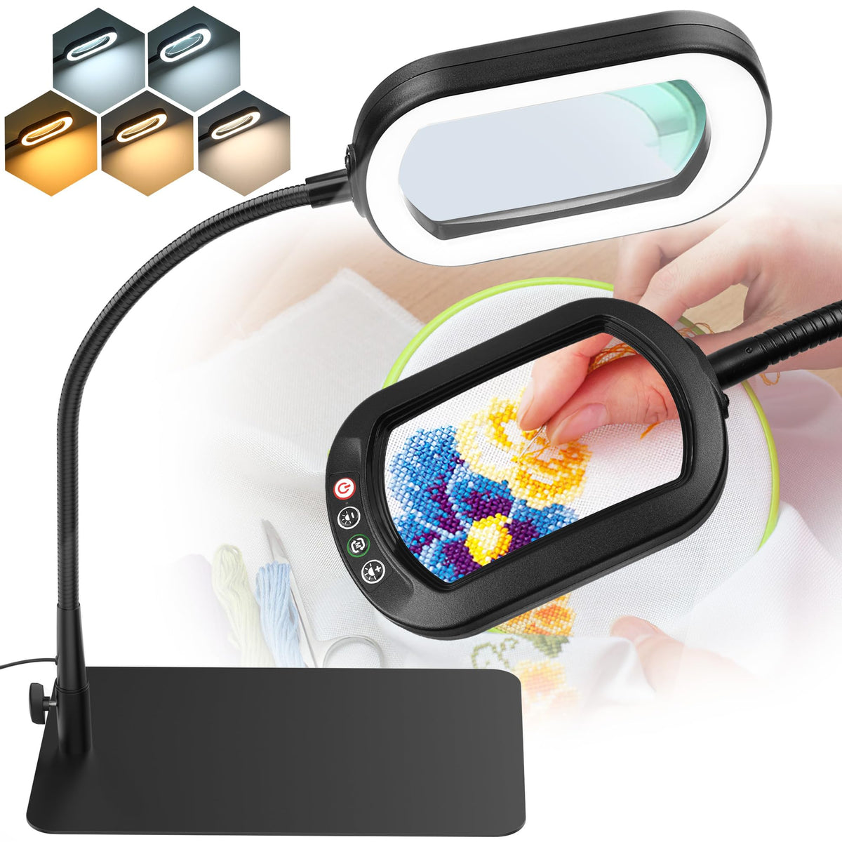 IVMAIE 10X Magnifying Glass with Light and Stand LED Magnifier with Light Hands Free Lighted Magnifying Desk Lamp Dimmable for C