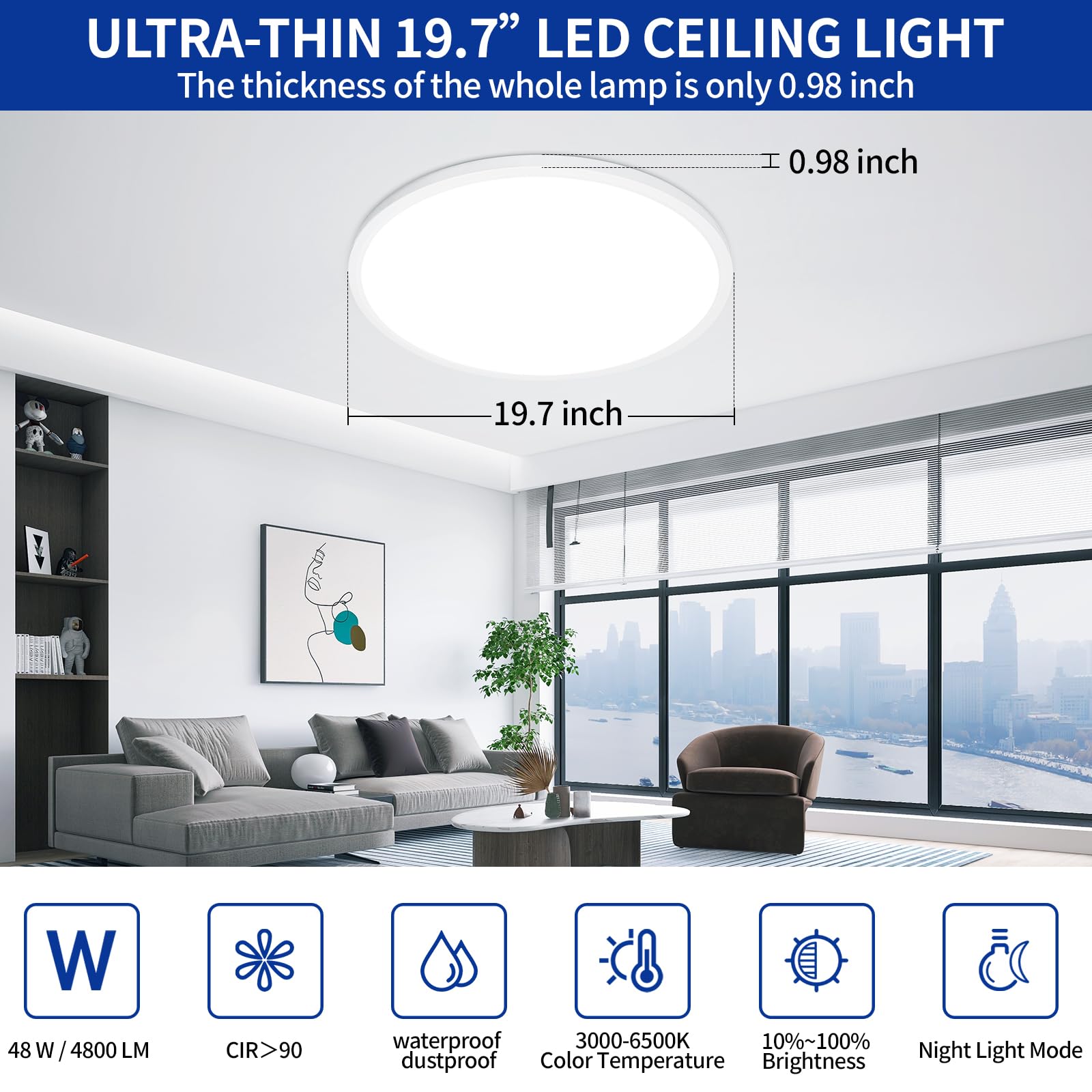 Glowall 20'' LED Ceiling Light Fixture, Dimmable, Ultra Thin, White, Model LT0026, Ideal for Bedroom, Living Room, Kitchen, Home Office