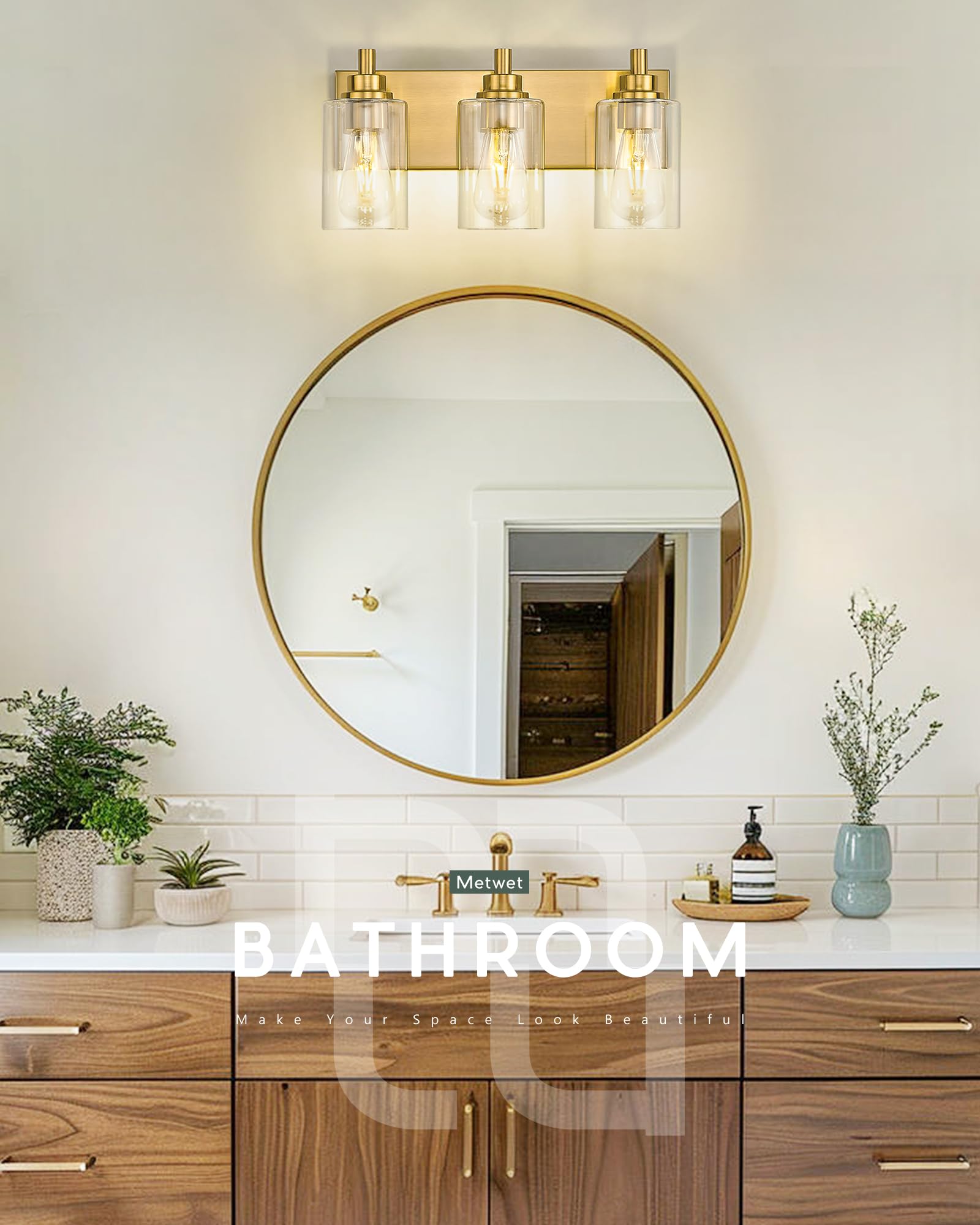 Metwet 3-Light Brushed Gold Bathroom Light Fixture, Modern Metal Vanity Lighting With Clear Glass Shade, Model Vl143-Bg-3