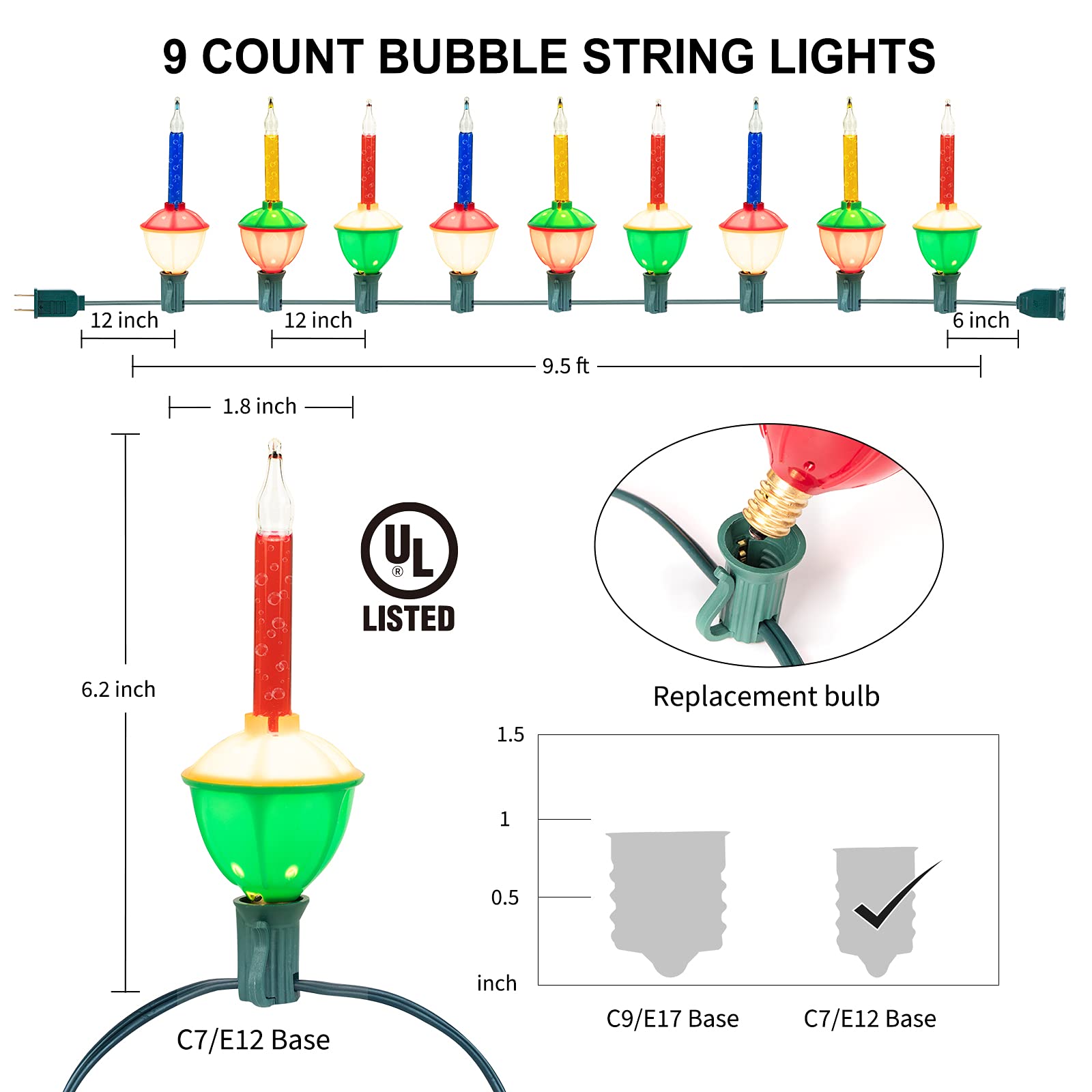 Brightown Christmas Bubble String Lights - 9 Multicolor Glass Lights, UL Listed, Green Wire for Holiday Decorations