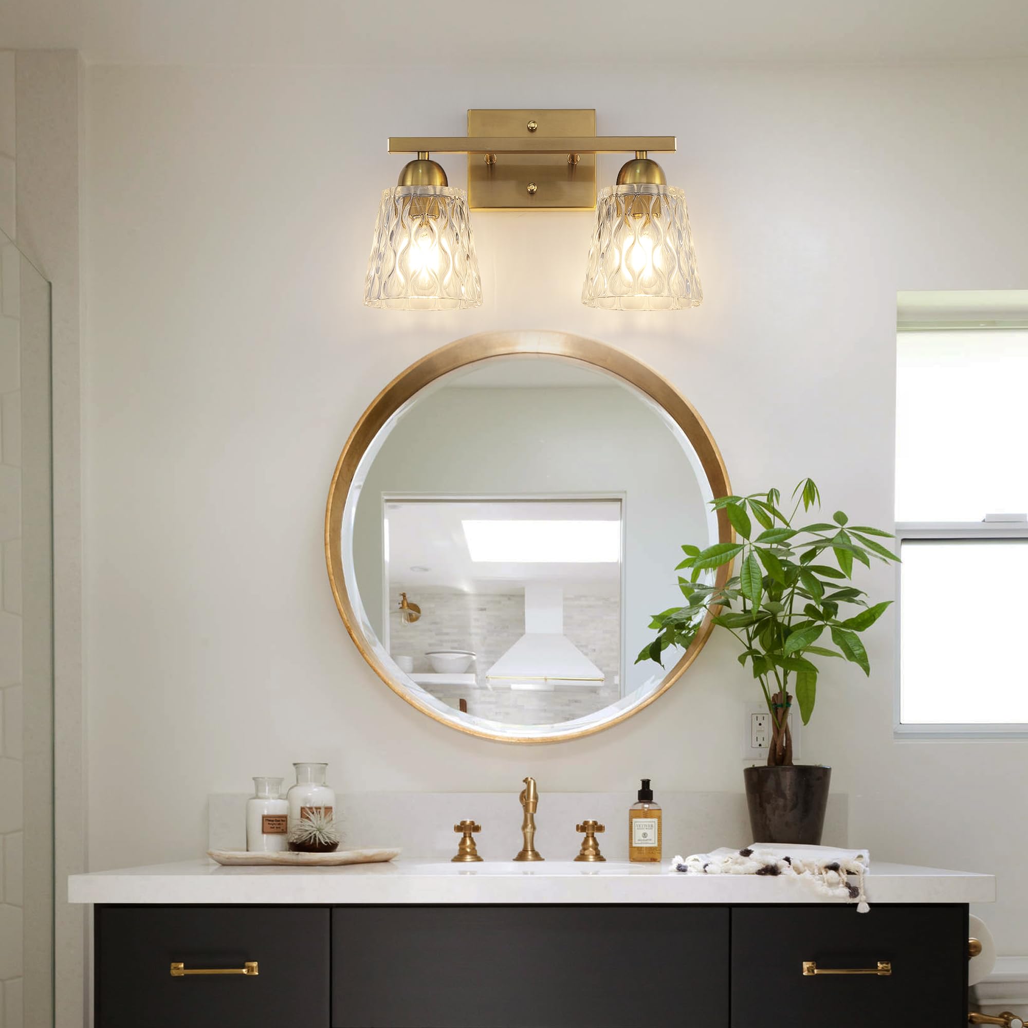 Mecgirn 2 Light Bathroom Vanity Light, Brushed Gold Stainless Steel Fixtures with Textured Glass Shades, Model B0006-2-Gold