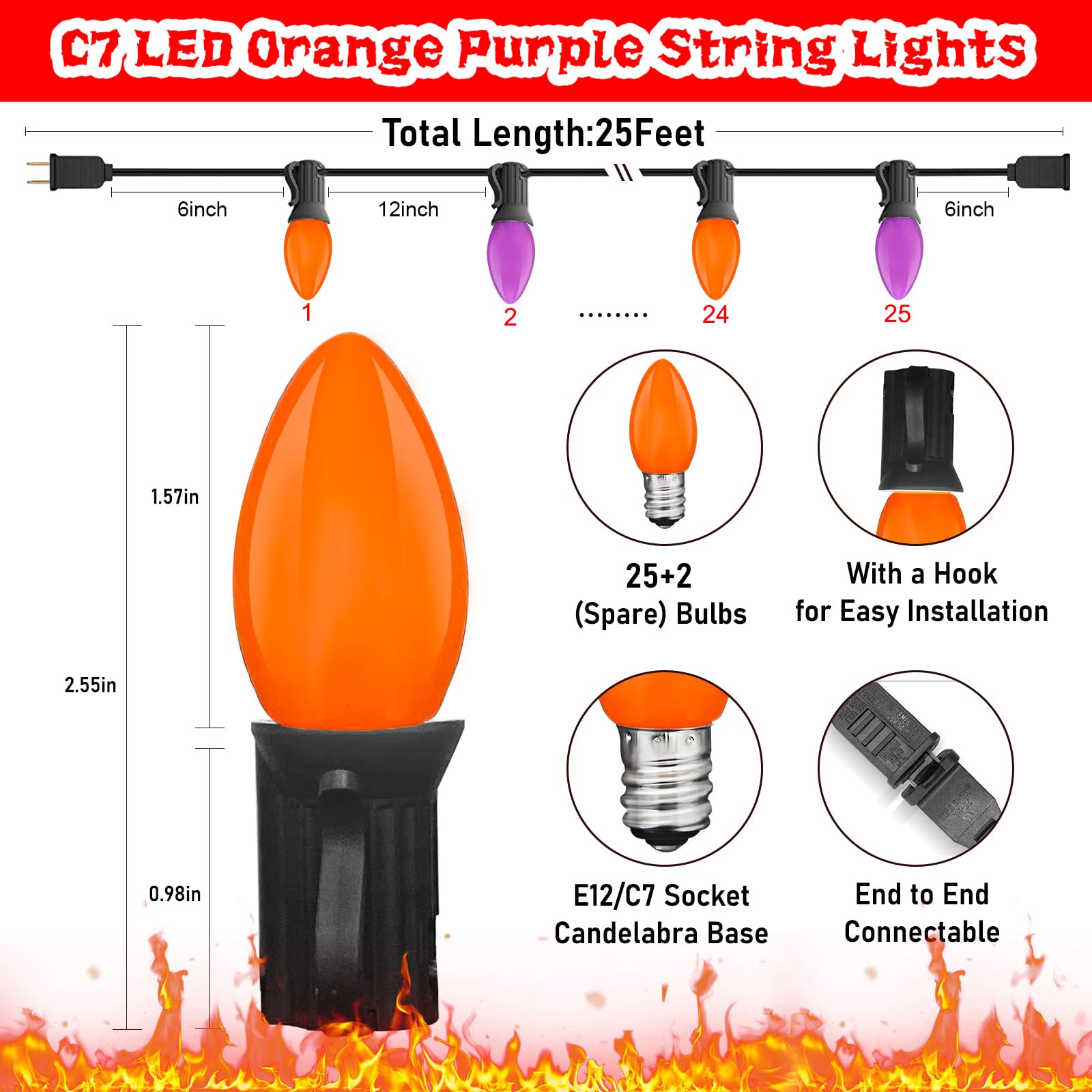 SUNSGNE C7 LED String Lights - 25FT Outdoor Waterproof, 27 Shatterproof Bulbs, Orange Purple, Black Wire