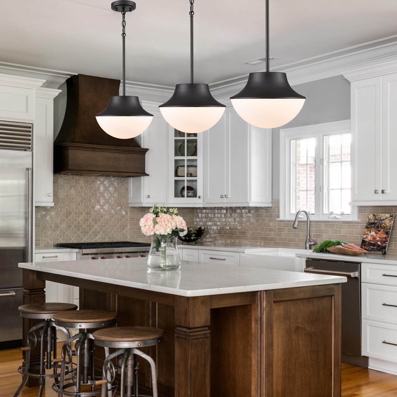 Tengiants Mid Century Farmhouse Pendant Lighting For Kitchen 11.02'' Matte Black Pendant Lights Kitchen Island With Milk Glass W