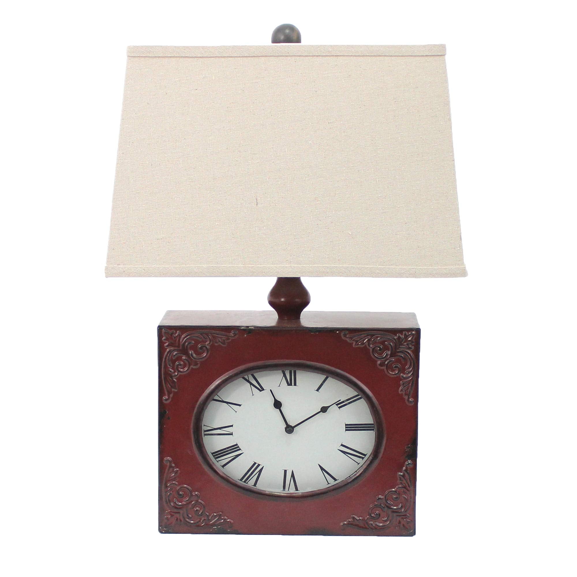 Benjara Bm217249 Clock Design Metal Table Lamp With Tapered Shade Red & Beige - 22 X 7 X 4.75 In.