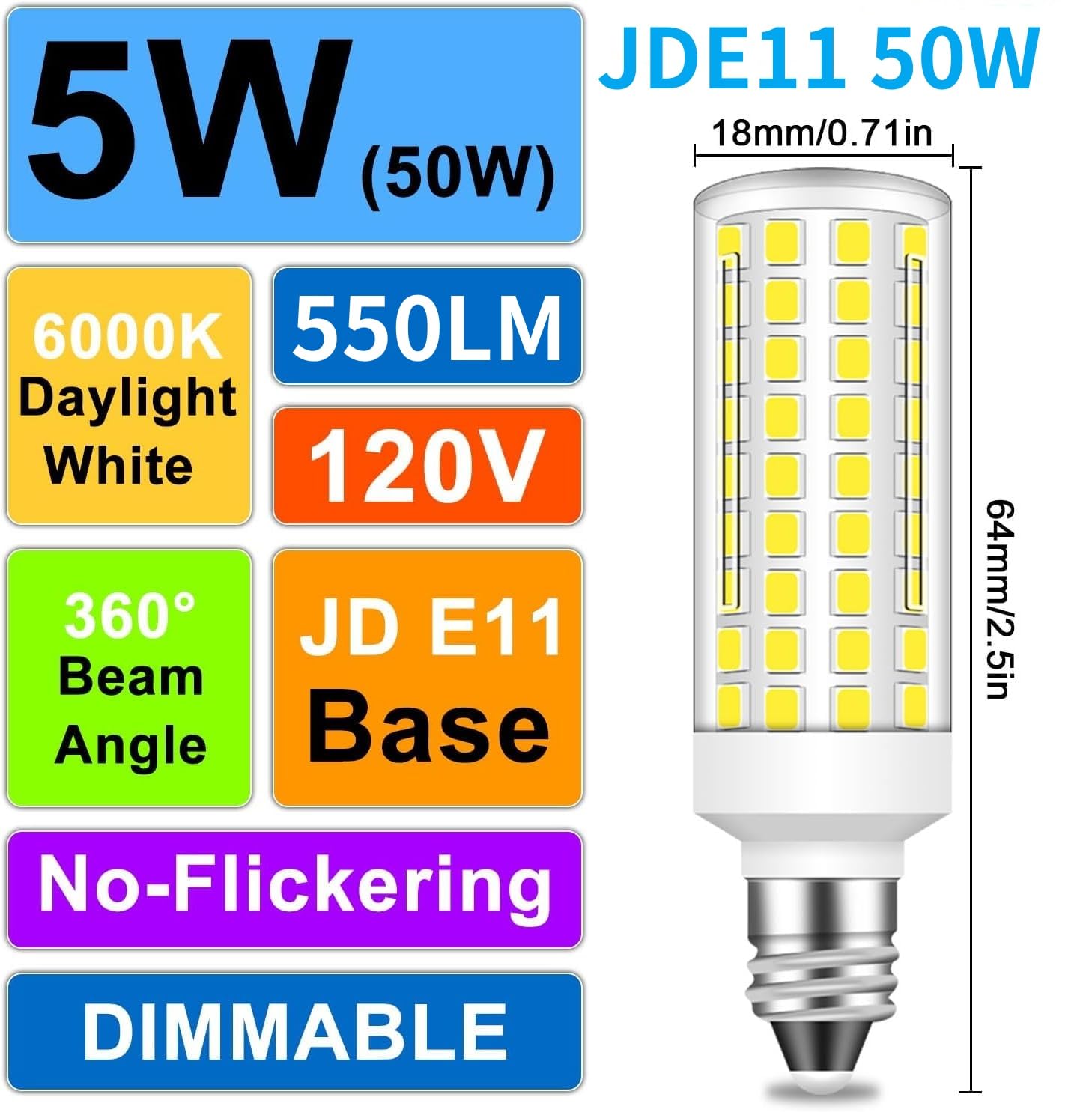 Megereet E11 LED Bulbs Dimmable 5W 550lm, 4-Pack, Daylight White 6000K, Mini Base, Equivalent to 50W Halogen,