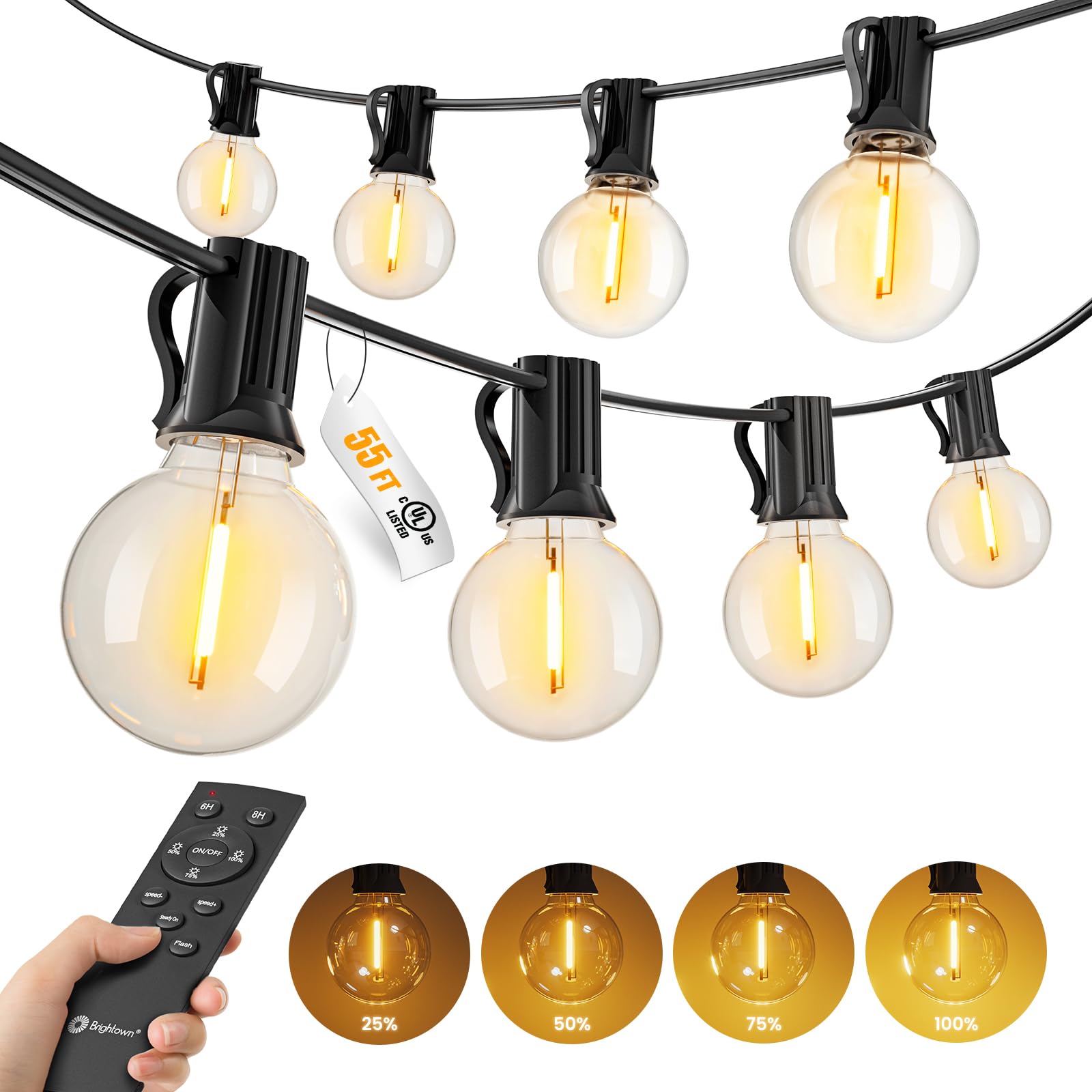 Brightown Outdoor String Lights  55FT 17 G40 Bulbs Shatterproof Patio Lights  Waterproof Dimmable Hanging Connectable Globe LED Outdoor Lights for Backyard  Bistro  Porch  Deck  Balcony