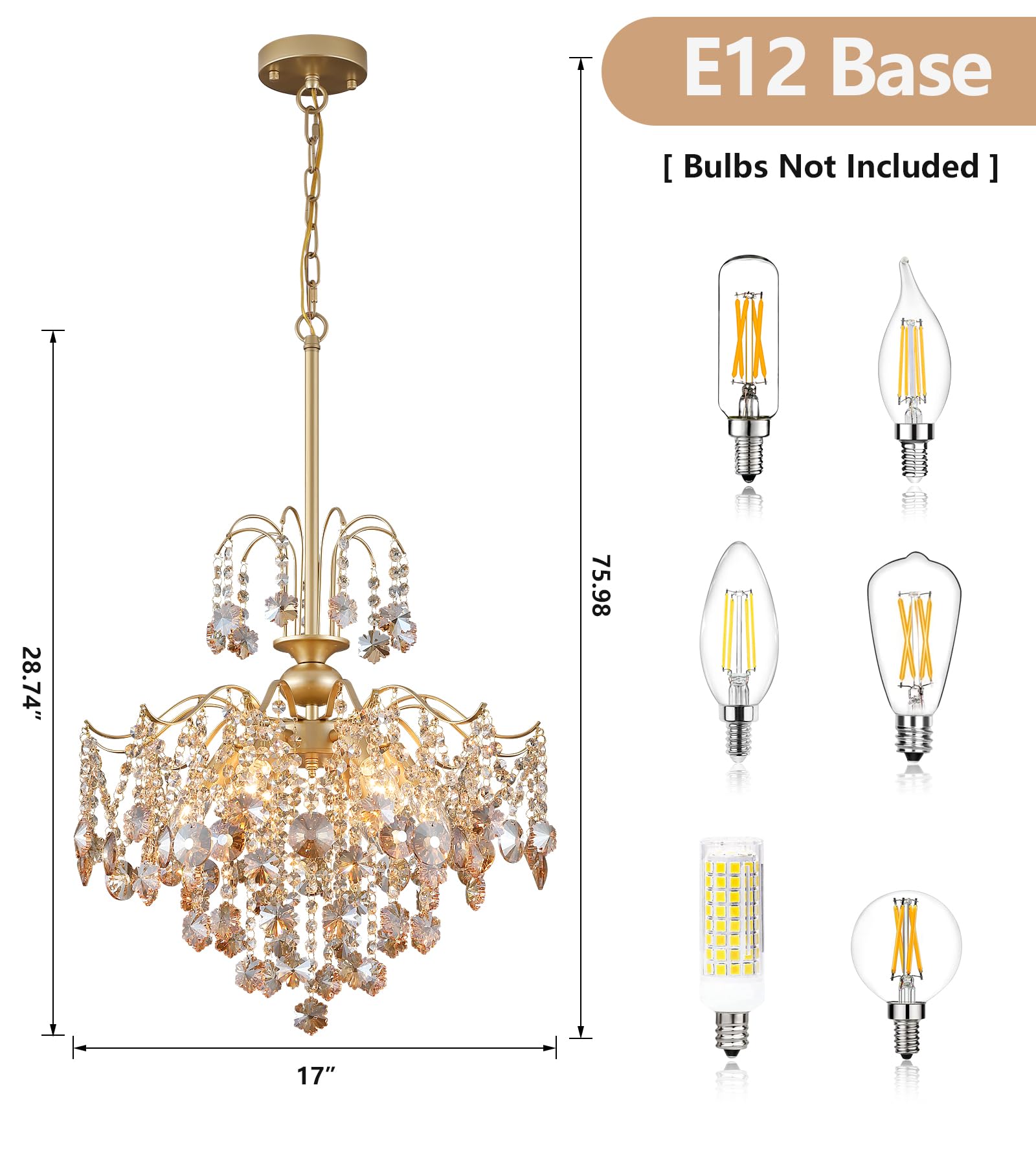 Q&S Modern Gold Crystal Chandelier Amber Crystal Pendant Light 6 Lights For Bedroom Dining Room Entryway Hallway Office Bathroom