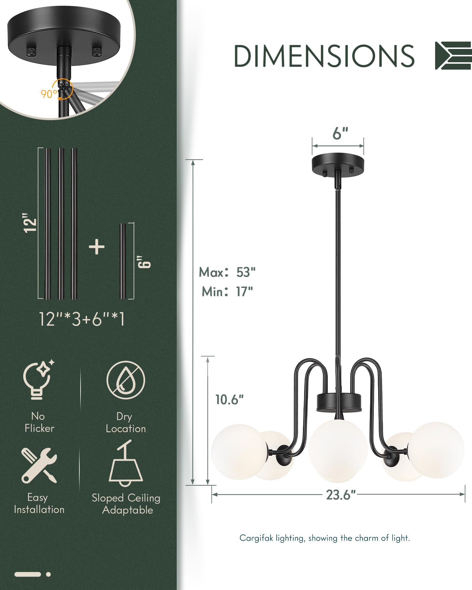 Cargifak Black Chandelier With Frosted Glass Globe, 6-Light Modern Pendant Light For Kitchen, Bedroom, Hallway, Living Room,Ckpl