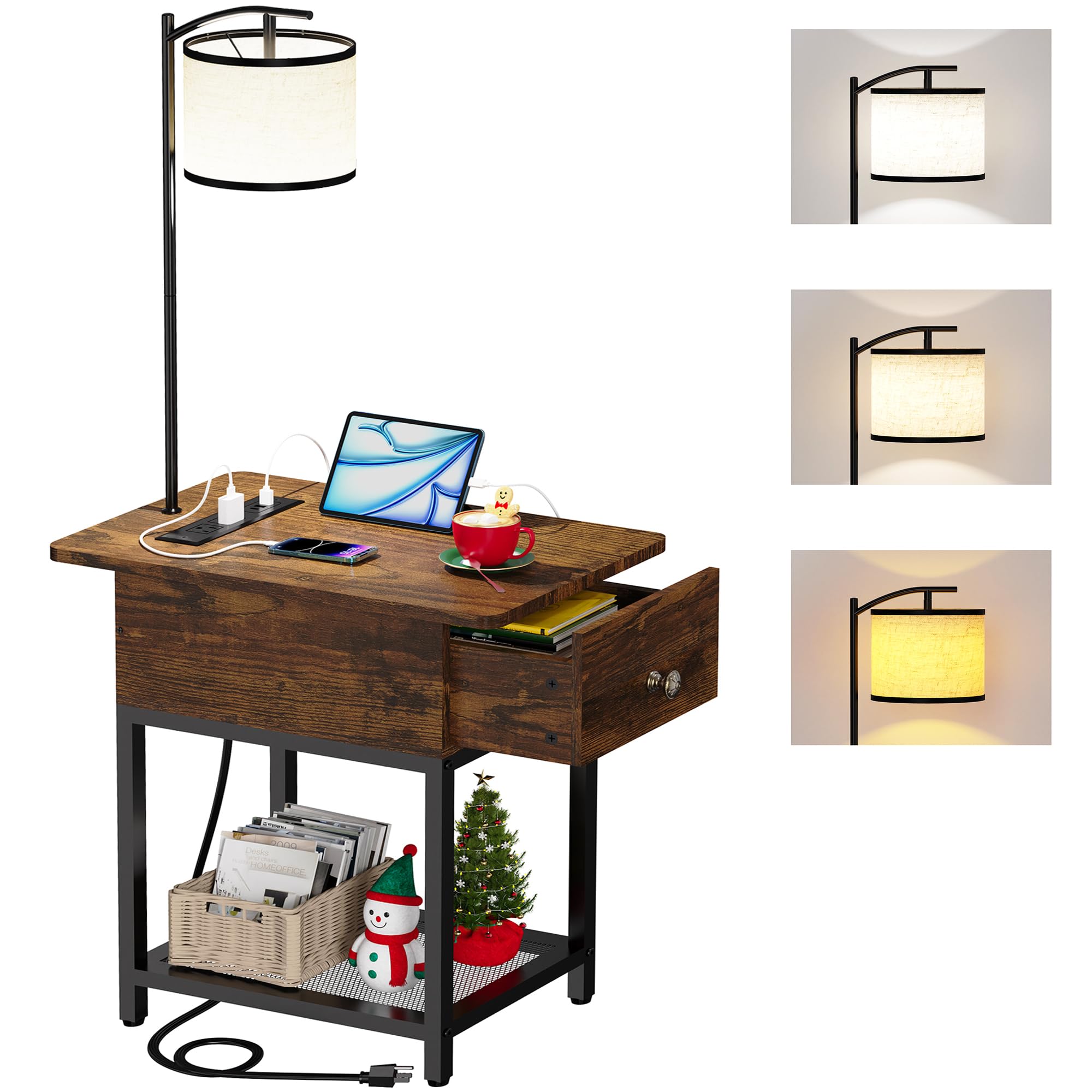 runjuly Floor Lamp with Table, Side Table with Lamp Attached, Narrow End Table with LED Lights and Charging Station, Nightstand 