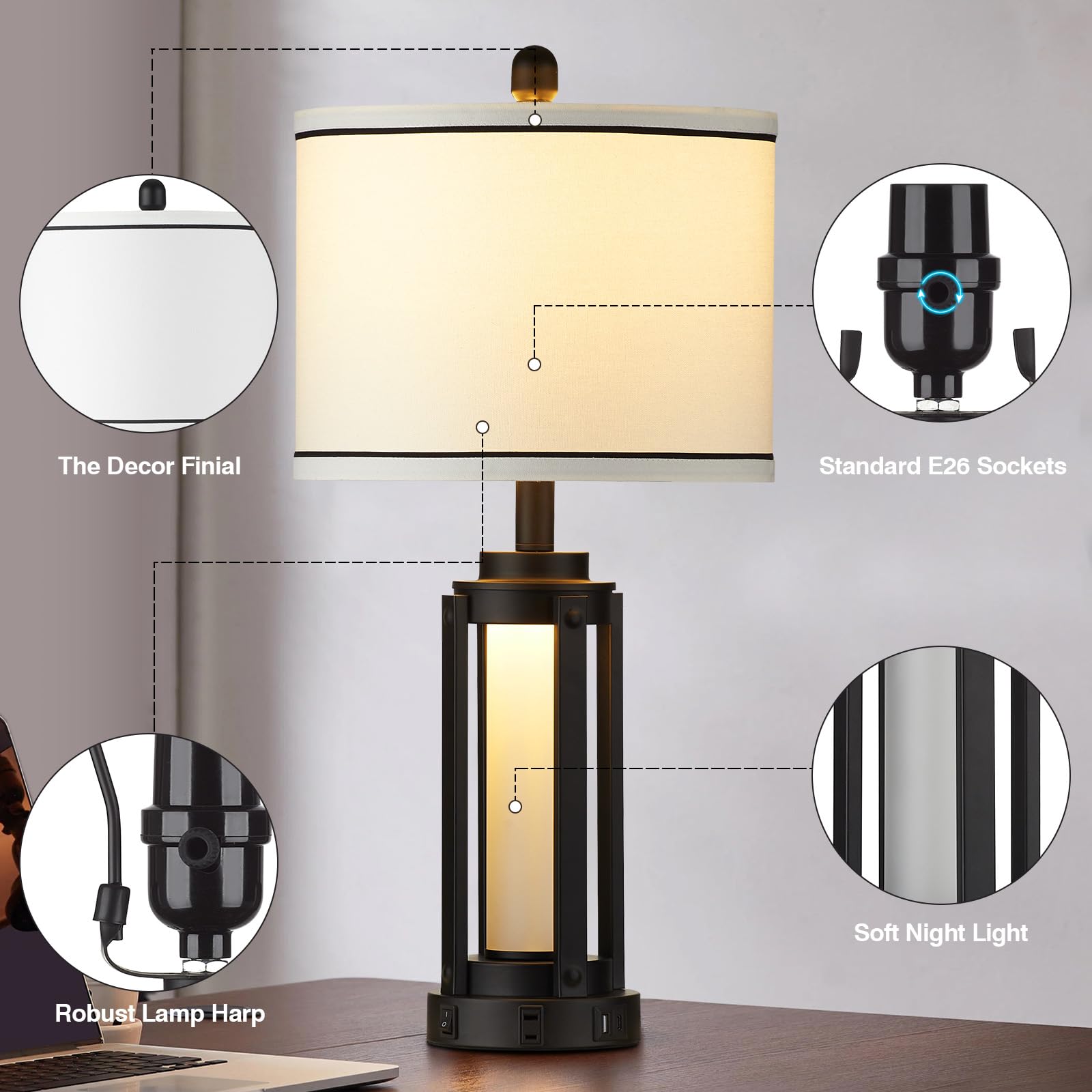 Modern Table Lamps For Living Room, Industrial Beside Lamps With Usb A+C Charging Ports & Ac Outlet, Rustic Nightstand Lamp With Glass Night Light For Bedroom End Table Entryway Black(4 Bulb Included)
