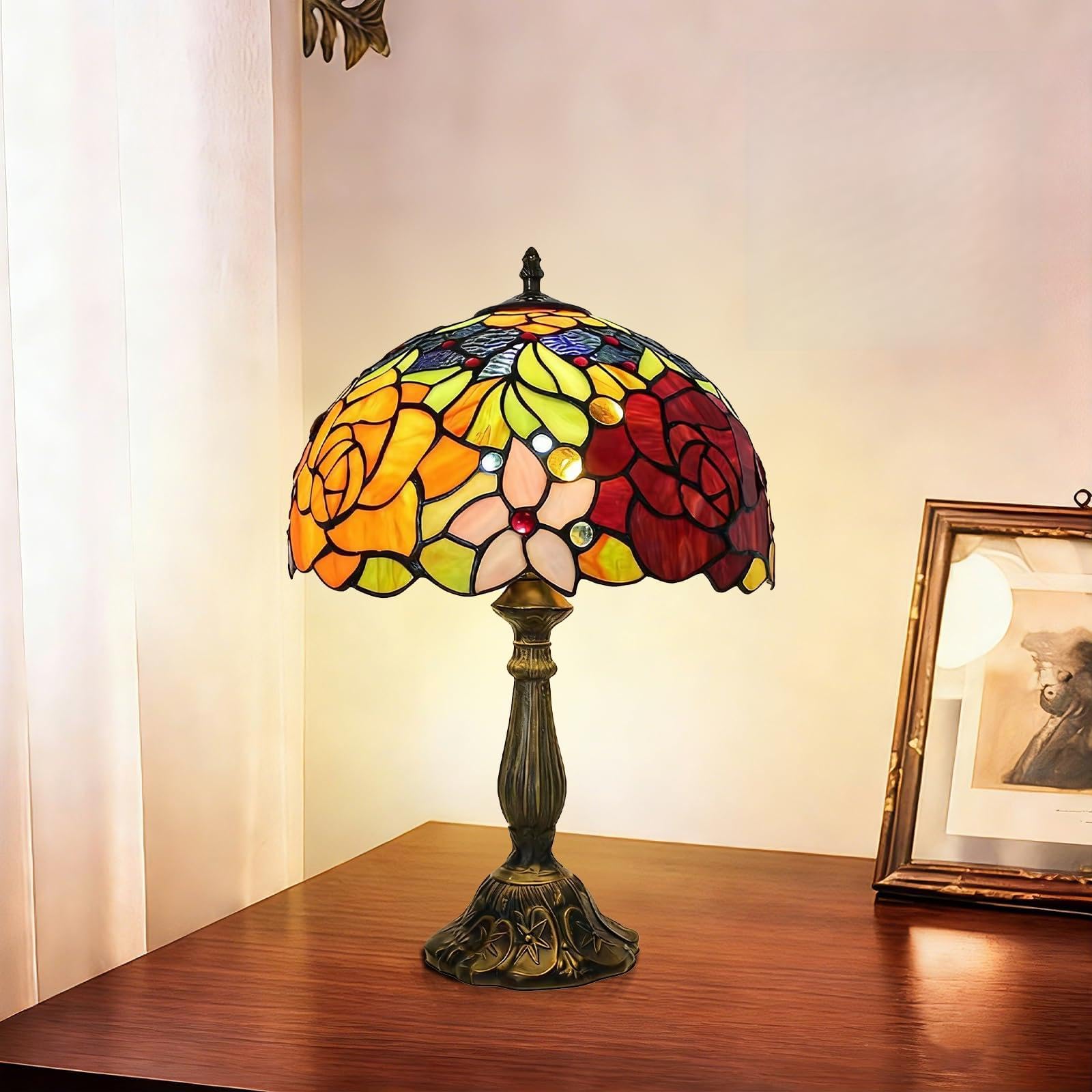 Plynvexa Tiffany Lamp - Rose Flower Stained Glass Table Lamp 12x12x18 Inches - Rose Flower Style Desk Reading Light - Bedroom & Living Room Decor