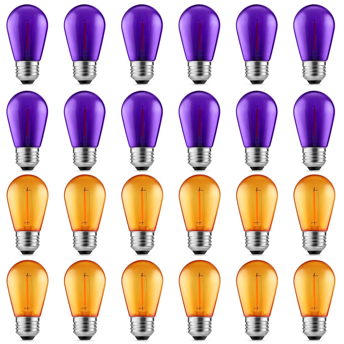 Meconard S14 Purple and Orange LED Light Bulbs, 24Pack 1W Plastic Shatterproof Waterproof LED Bulbs for Indoor Outdoor String Lights, E26 Base, Halloween Decoration, String Light Replacement Bulbs