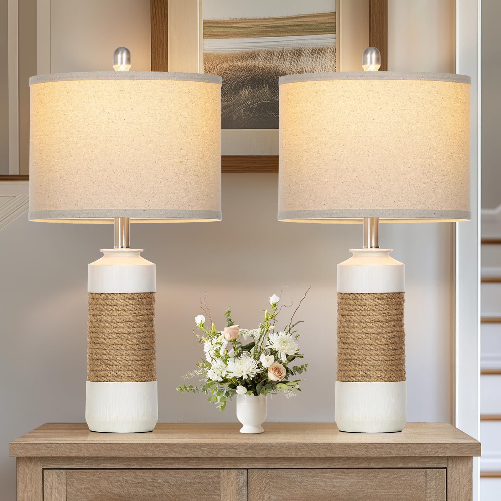 Cinkeda Boho Table Lamps For Bedroom Nightstand 25.5'' Farmhouse Bedside Lamp Set Of 2,Rattan Lamps Cottage Lamps For Living Roo