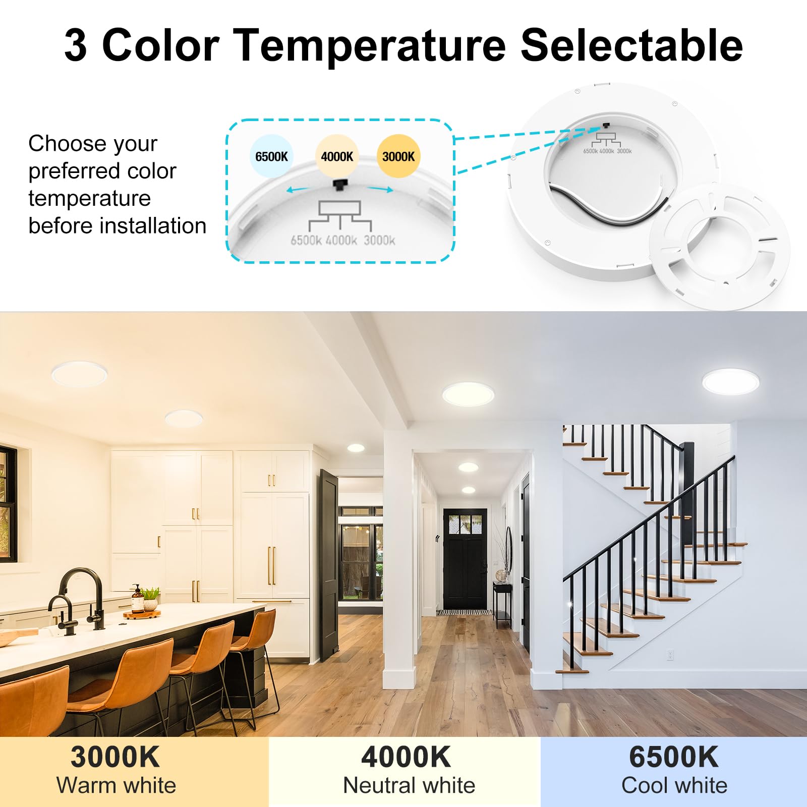 Libtit 6 Pack 7 Inch Led Ceiling Light Flush Mount, 15W 1500Lm Ceiling Light Fixtures, 3000K/4000K/6500K Color Options, Round Su