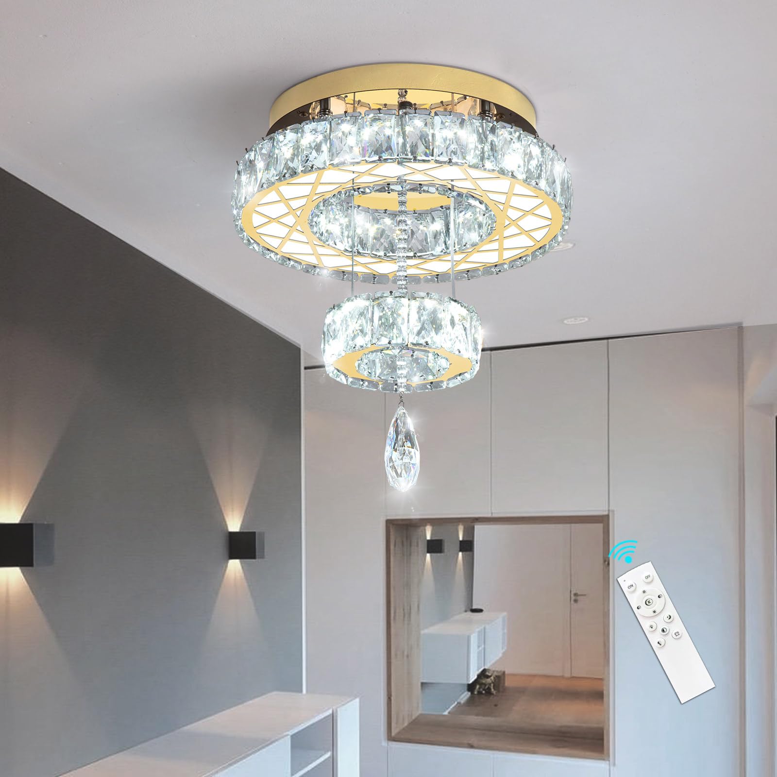 HAIXIANG Modern Glam Ceiling Chandelier, Dimmable, Remote, 12 inch, Stainless Steel & Crystal, Gold, Model MMQ3831