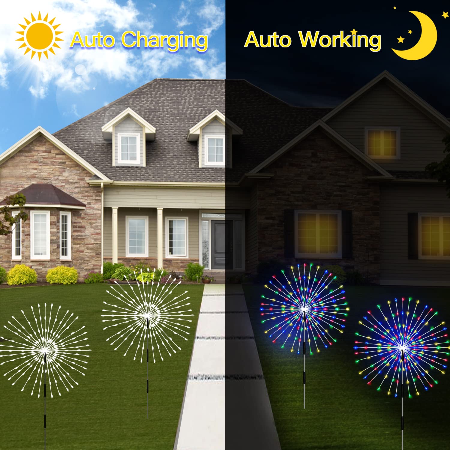 QOCNAM Outdoor Solar Garden Lights 4 Pack, Waterproof Decorative Firework Lights, 120 LED, Multicolor, Plastic