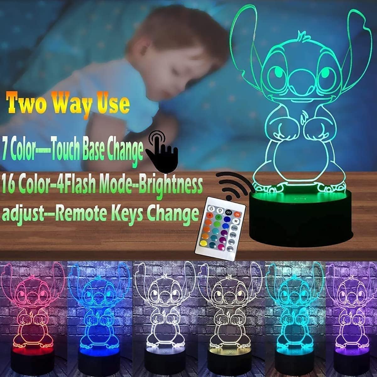 LOUHH 3D Night Light - 16 Color LED Lamp, Remote Control, Acrylic, Ideal for Children's Room Decor and Gifts