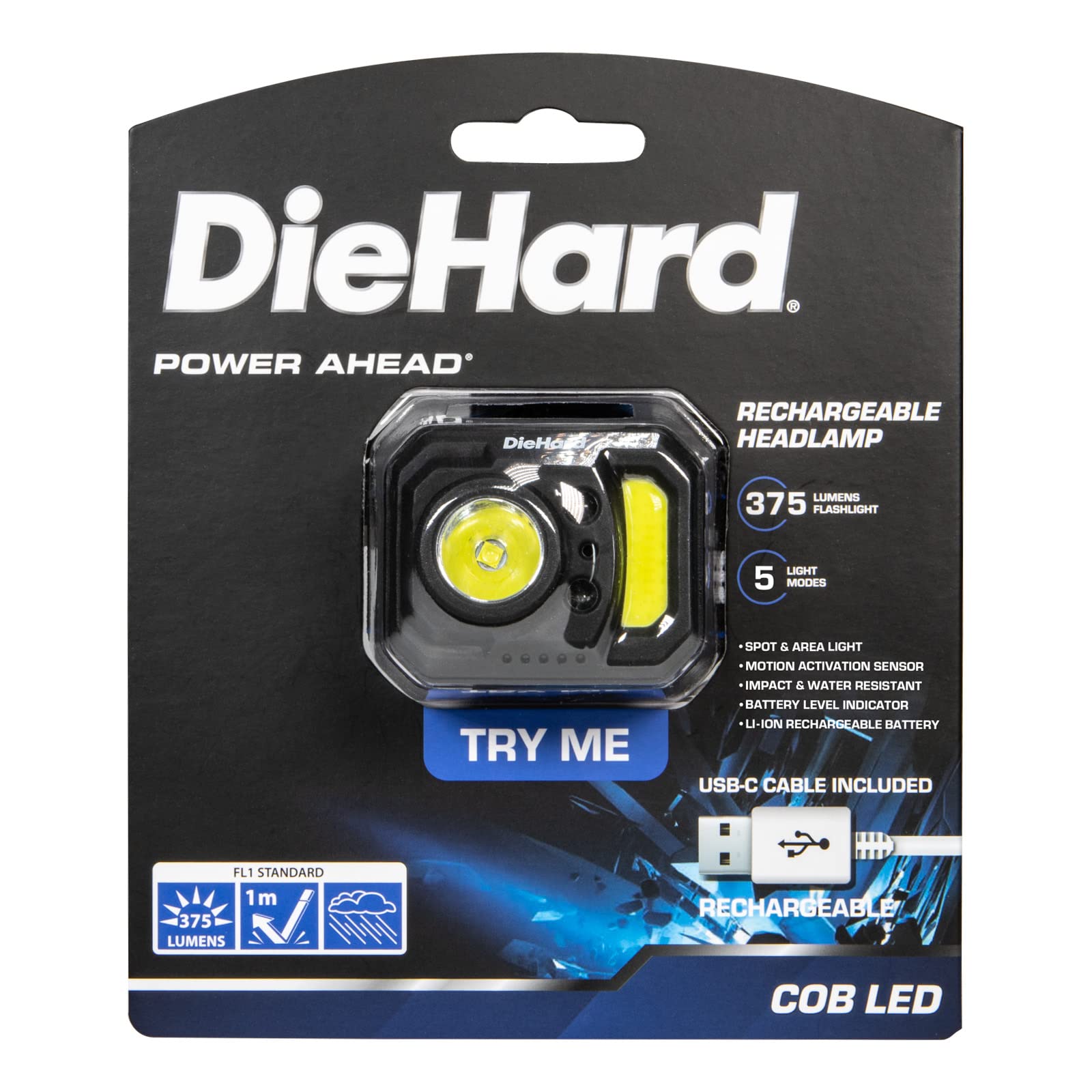 Diehard 41-6642 375-Lumen Water-Resistant Motion-Activated Rechargeable Cob Led Headlamp, Black