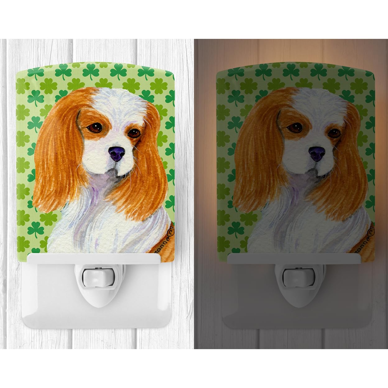 Caroline'S Treasures Ss4458Cnl Cavalier Spaniel St. Patrick'S Day Shamrock Portrait Ceramic Night Light Compact, Ul-Certified, Ideal For Bedroom, Bathroom, Nursery, Hallway, Kitchen, 6X4X3, Multicolo