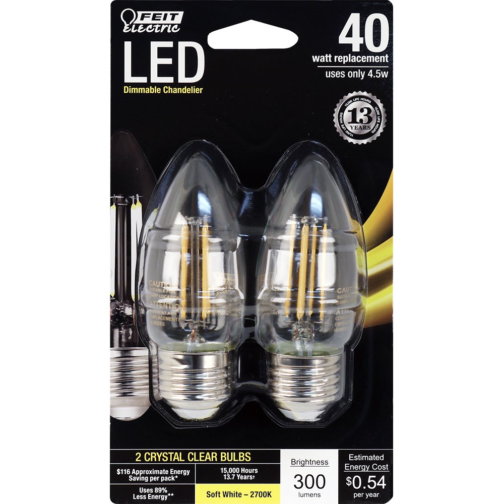Feit Electric Dimmable LED Chandelier Bulb, 40W Equivalent, Clear, 2 Pack, Model BPETC40/827/LED/2, 300 Lumens, 