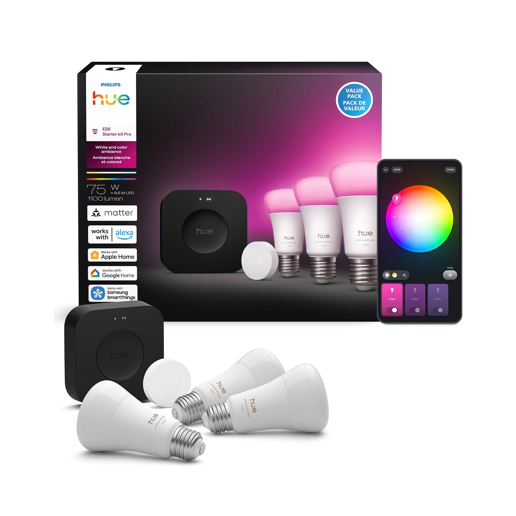 Philips Hue Starter Kit - Smart Light Hub with 3 A19 E26 Bulbs