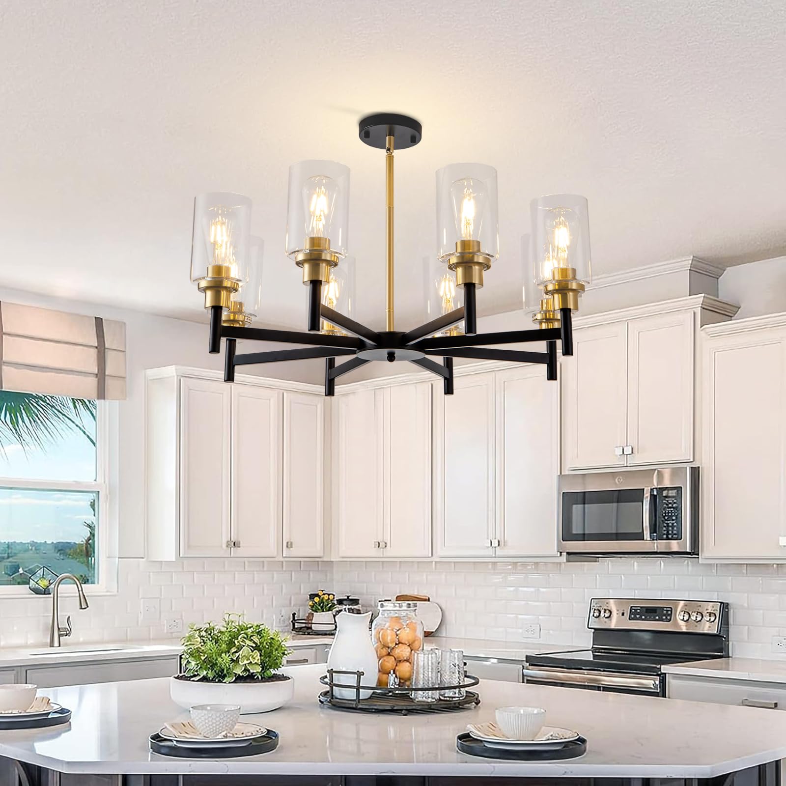 Hccz 8 Light Gold Chandelier For Dining Room Light Fixtures Black & Brushed Brass Modern Farmhouse Chandelier Industrial Hanging