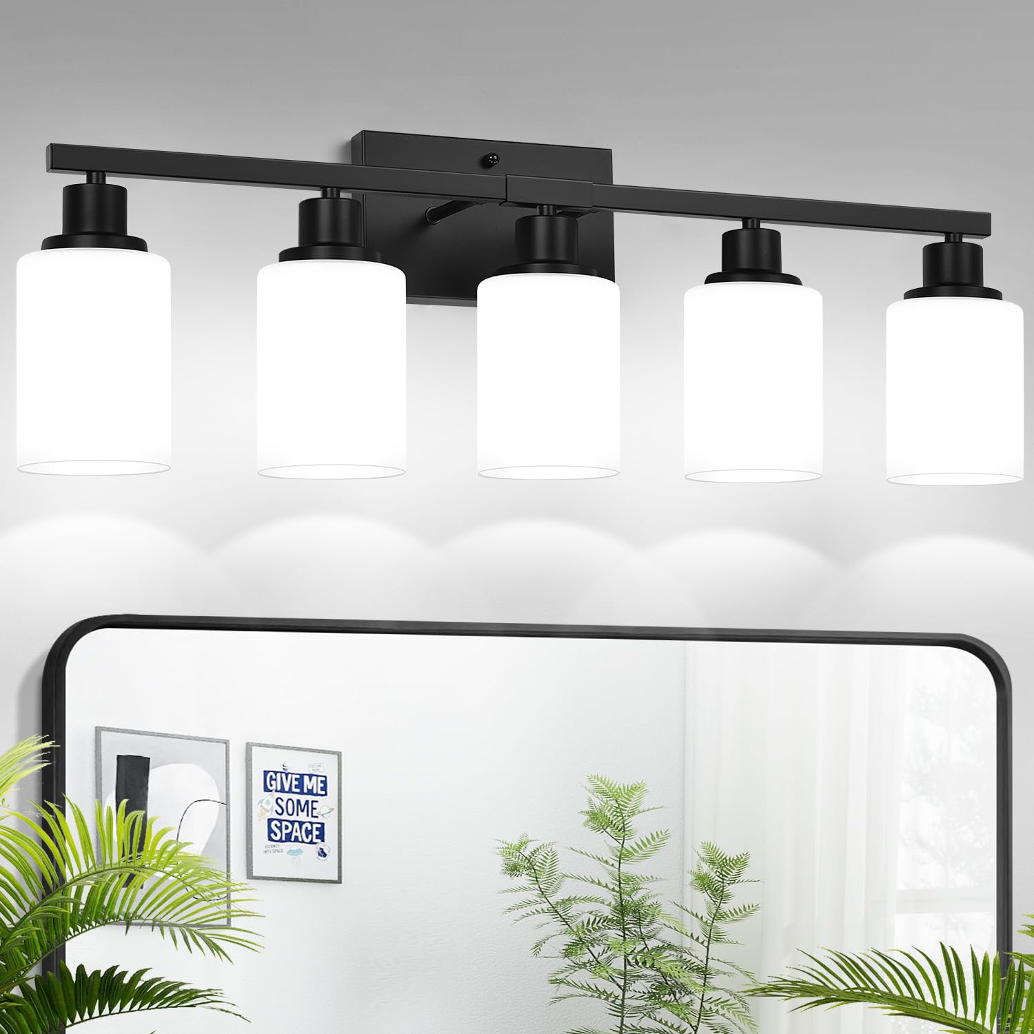 5-Light Bathroom Light Fixtures  Vanity Light with Milky White Shades  Matte Black Bathroom Light Fixtures Over Mirror  Modern Bathroom Wall Lamp for Mirror Living Room Cabinet Bedroom
