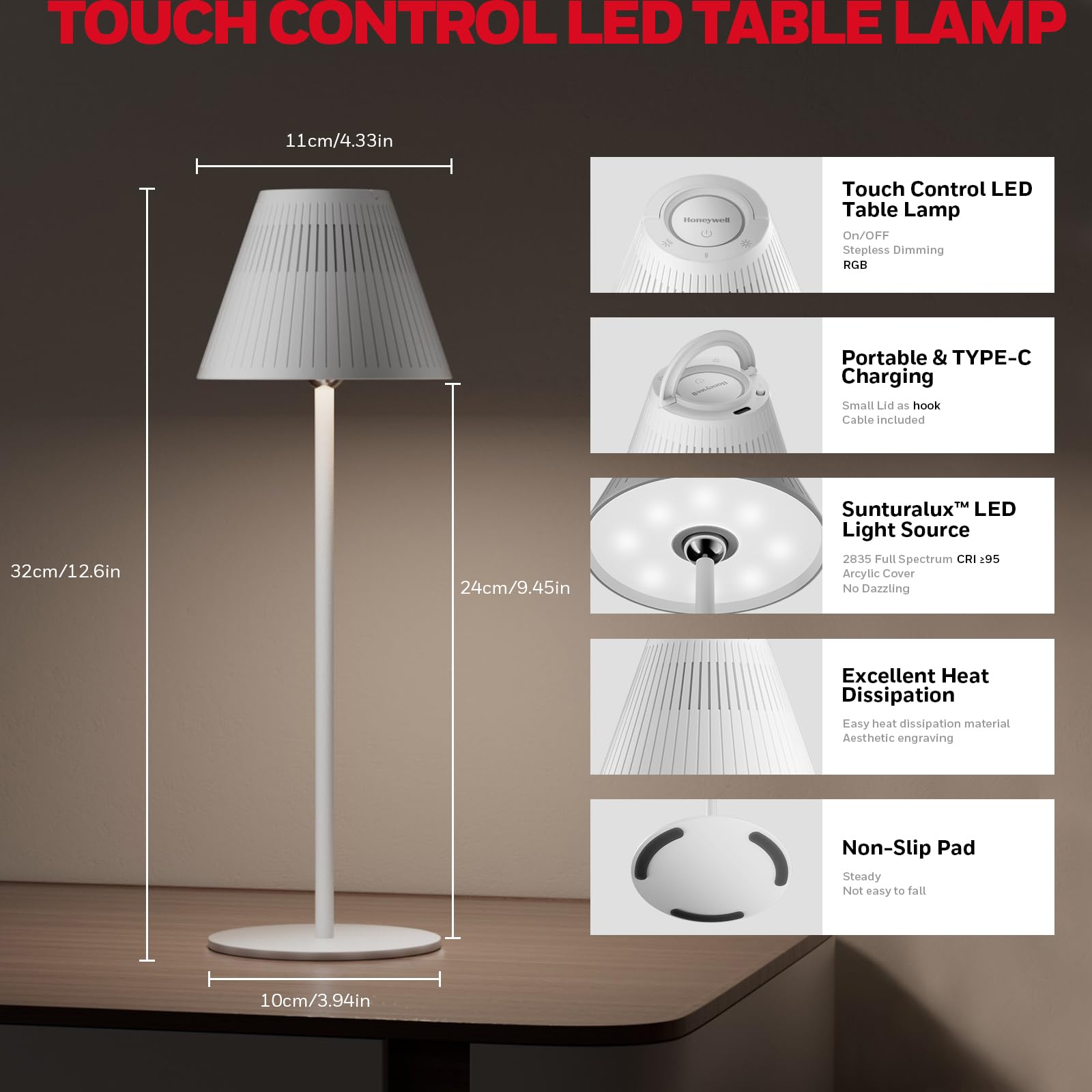Honeywell Rechargeable Table Lamps, LED Cordless Lamp 5200mAh Battery Operated Portable M1 Sunturalux Dimmable 4Color 9RGB Touch