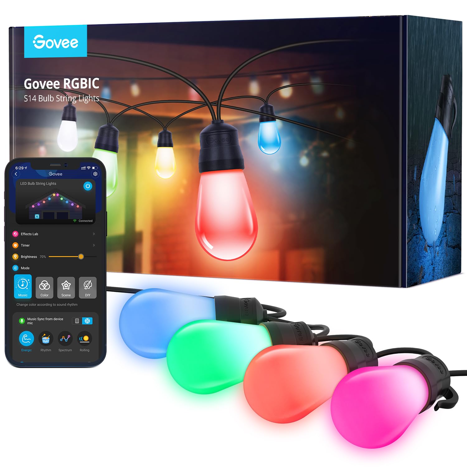 Govee Outdoor String Lights H7016 With 30 Dimmable Rgbic Led Bulbs, 96Ft Ip65 Waterproof Shatterproof Patio Lights, Party Lights