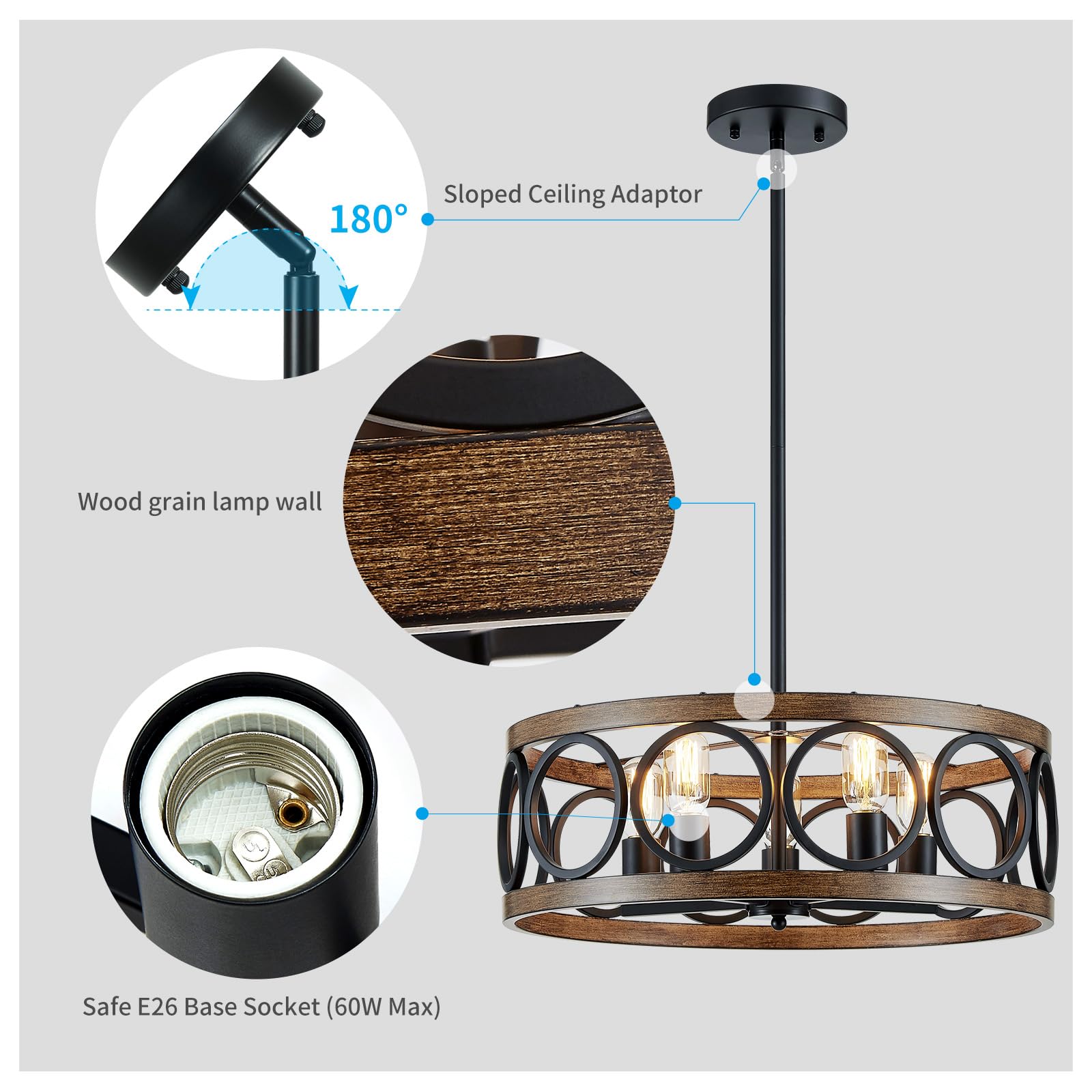 XINGQI Modern Chandelier 5 Lights Drum Pendant Lighting 21.7" Black Wood Grain Finish for Dining Room, Living Room, Bedroom