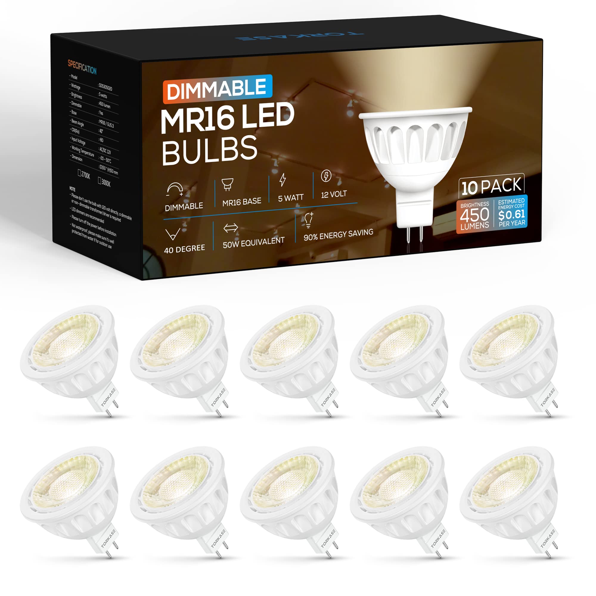 Torkase Dimmable MR16 LED Bulbs, 5W-50W Equivalent, 2700K Soft White, GU5.3 Bi-Pin Base, 10-Pack