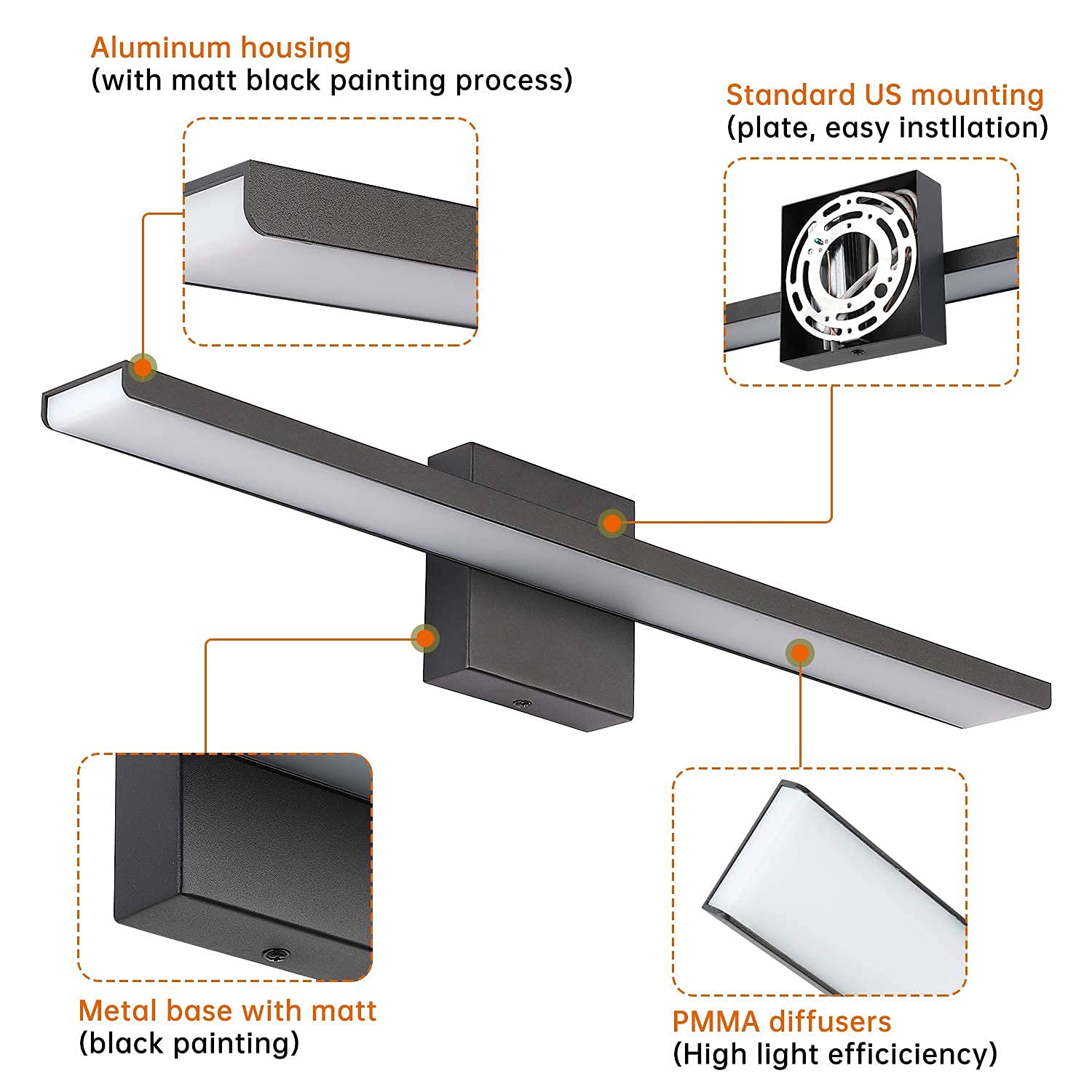 Jusheng 24" Black Dimmable Bathroom Vanity Light Fixture - Aluminum & Stainless Steel, 6000K