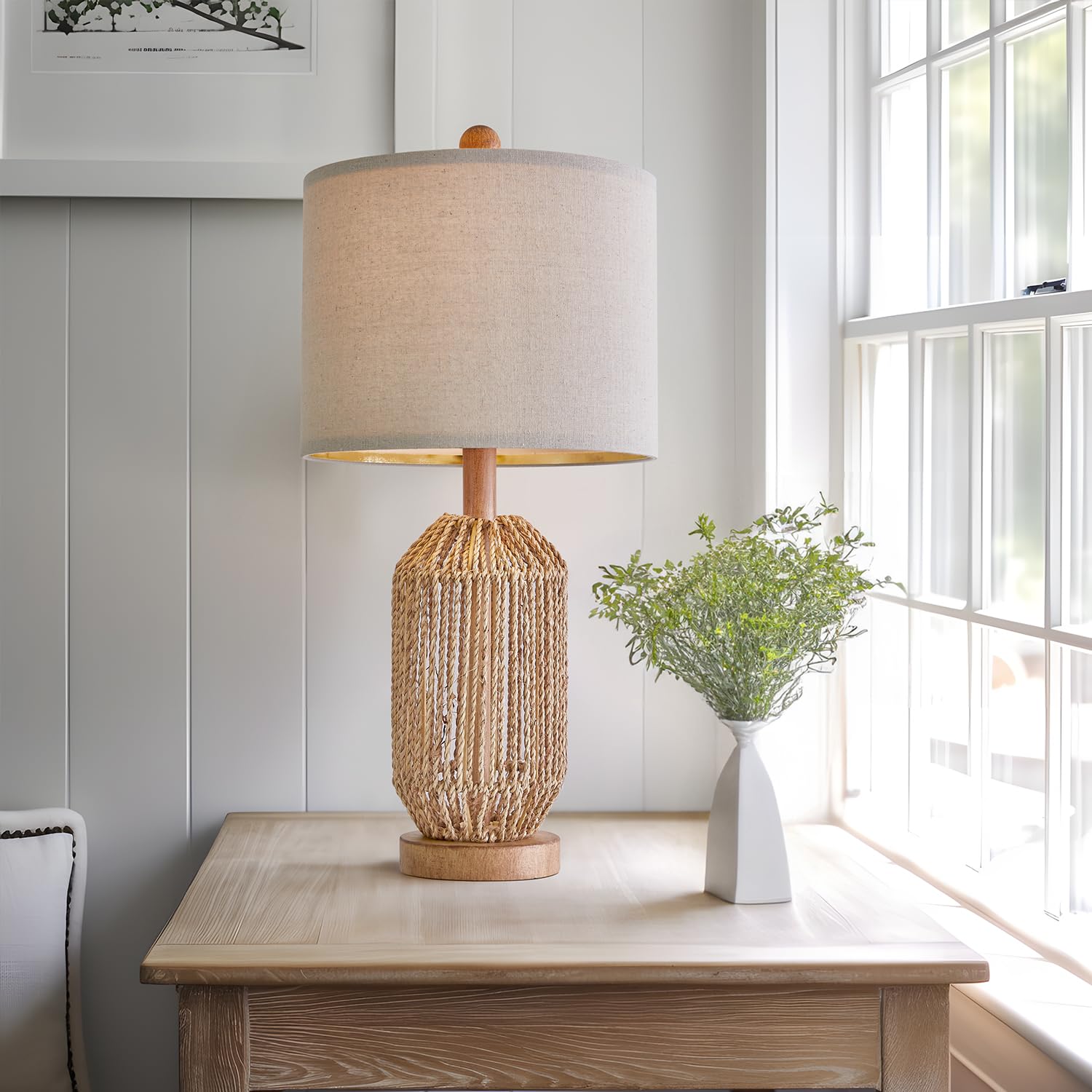 Oyears 21&quot; Boho Rattan Table Lamp - Brown Farmhouse Bedside & Living Room Decor