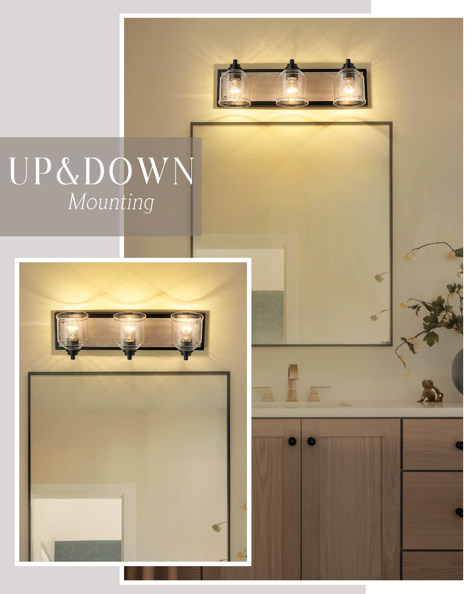 23" Large Farmhouse Bathroom Vanity Light,Handmade Grey Wood Vanity Light With Bubble Glass Shades,3-Light Rustic Wall Sconce Lighting Fixtures Over Mirror, Bd005-3-Bk