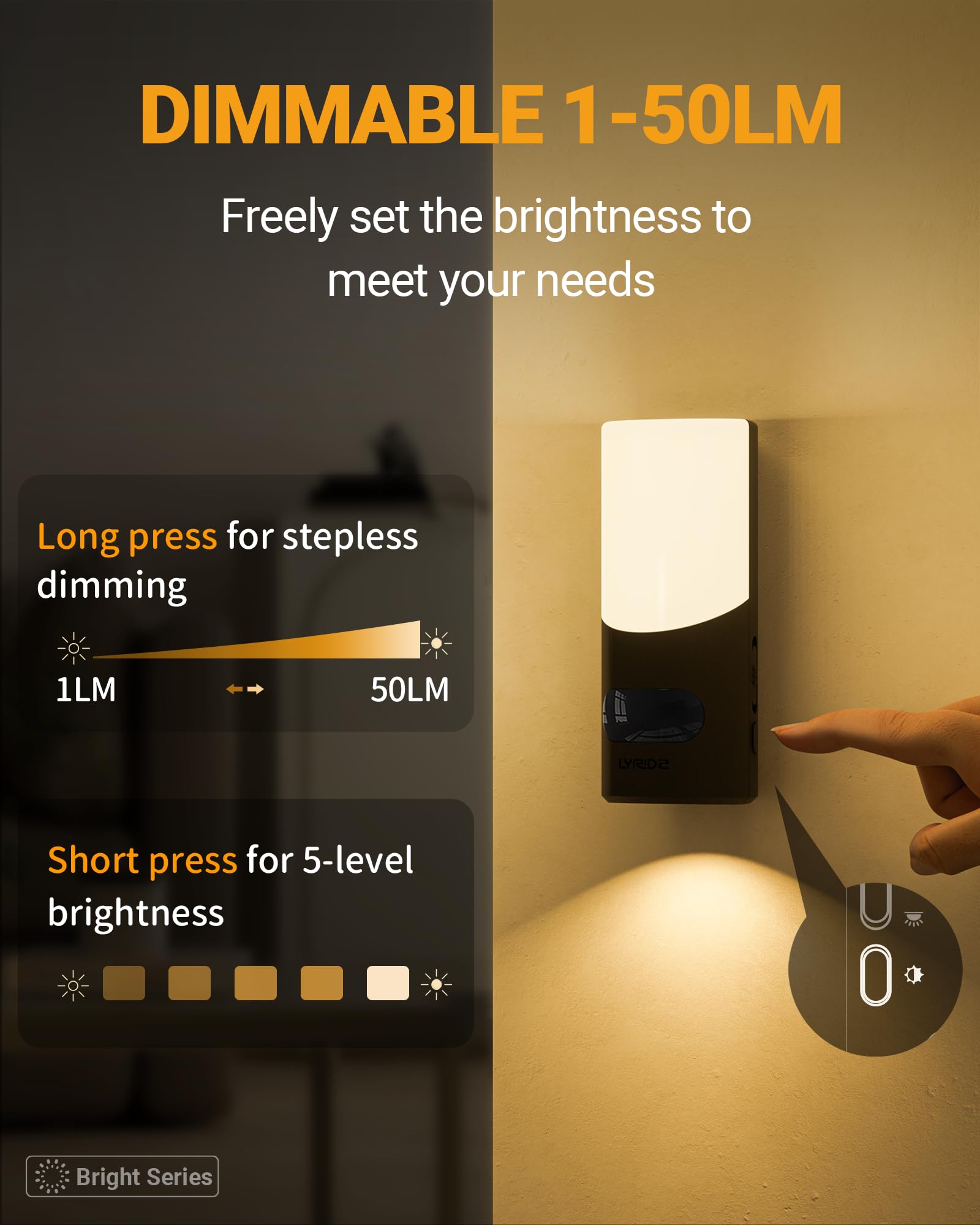 Lyridz Rechargeable Night Light with Motion Sensor, Stick-on 1-50LM Dimmable LED Nightlight for Bathroom, Bedroom, Stairs, Hallw