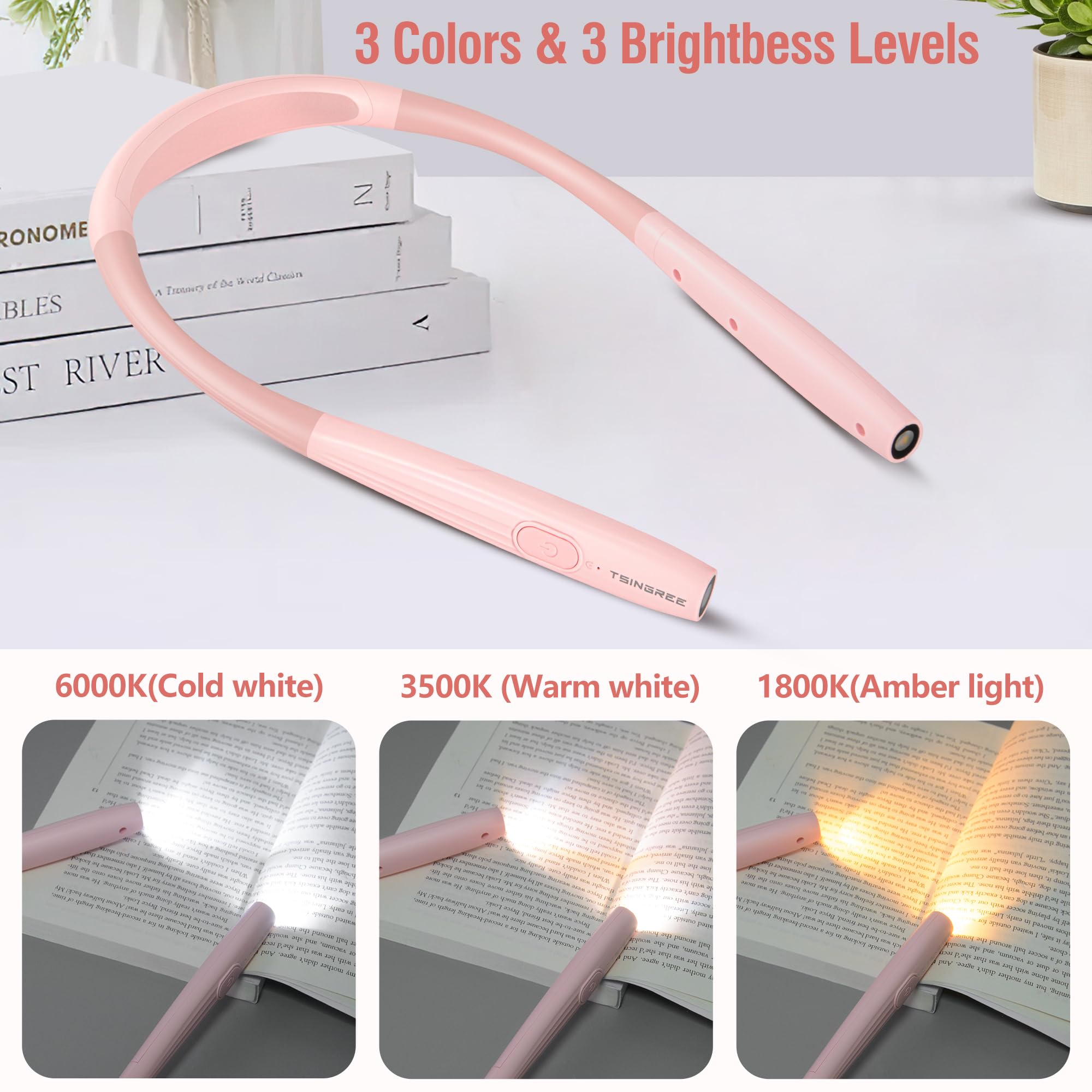 TSINGREE LED Neck Reading Light, Rechargeable, 3 Colors & Brightness, Sakura Pink, Model TNBL3, Auto-Off Timer, Perfect for Reading & Crafts